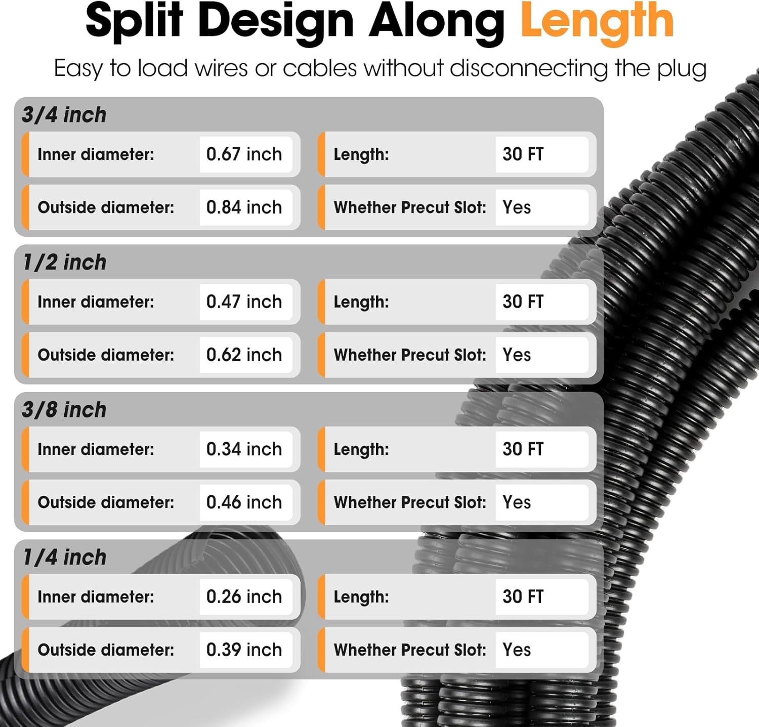 Wire Loom 1/4", 3/8", 1/2", 3/4 Inch X 30 FT, Split Wire Loom Tubing Wire Condui