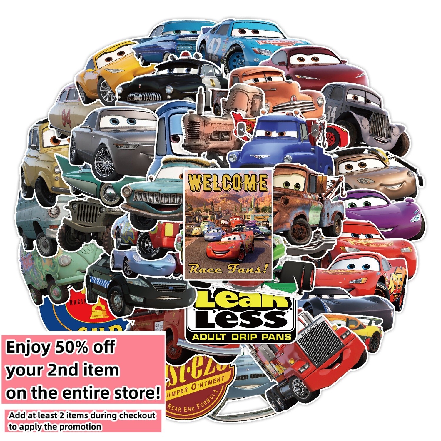 50 Pcs Stickers Disney Pixar Cars McQueen Luggage Car Phone Fridge Bottle Vinyl