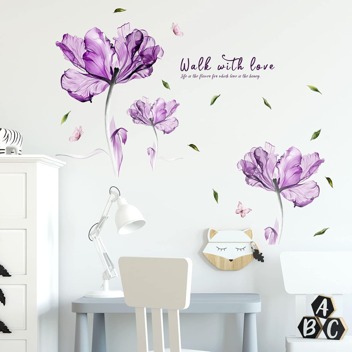 Flowers Wall Sticker Watercolor Purple Floral Wall Decal DIY Butterfly Flower Ar