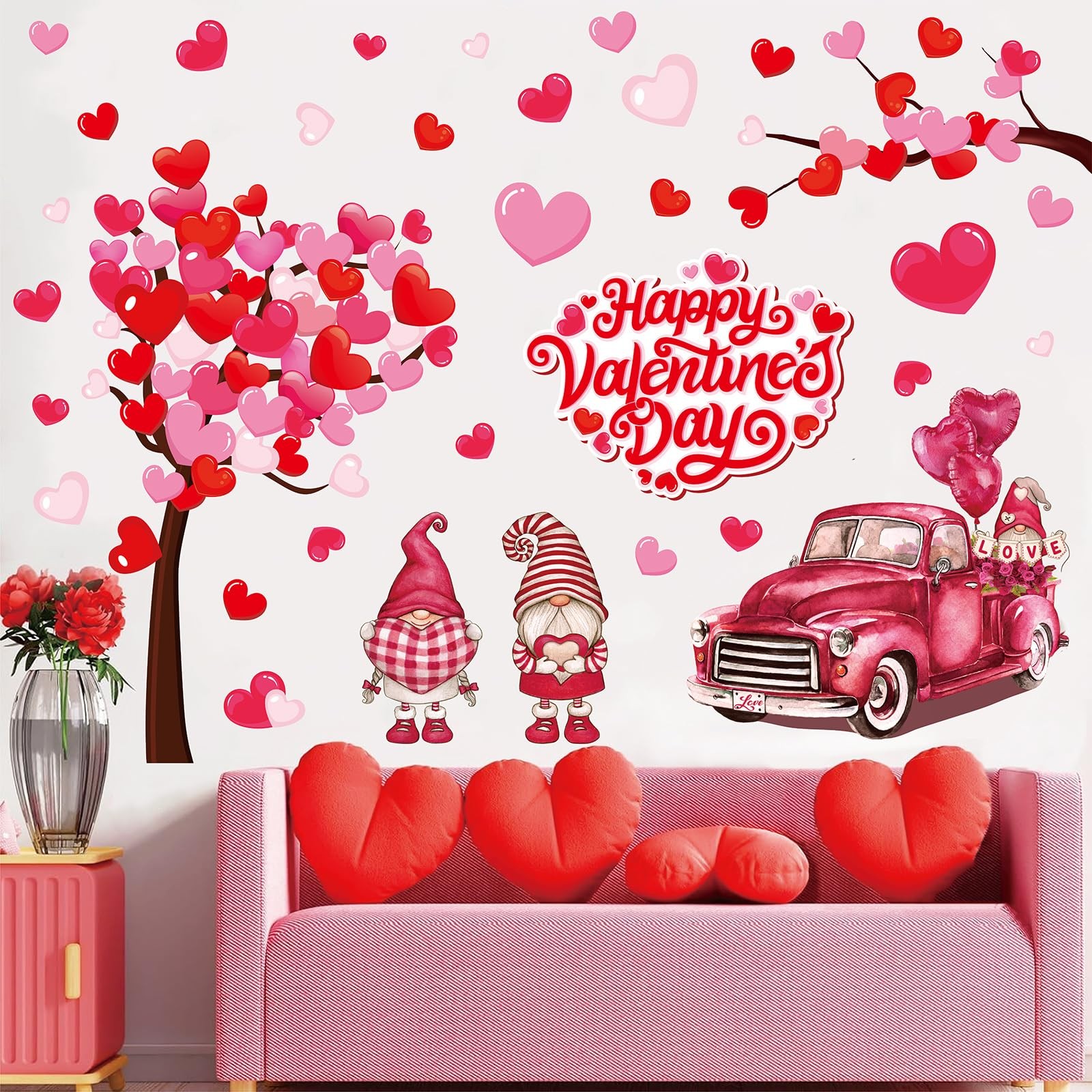35.4 x 11.8 Inch Valentine's Day Heart Tree Wall Stickers Pink Red Gnome Truck L