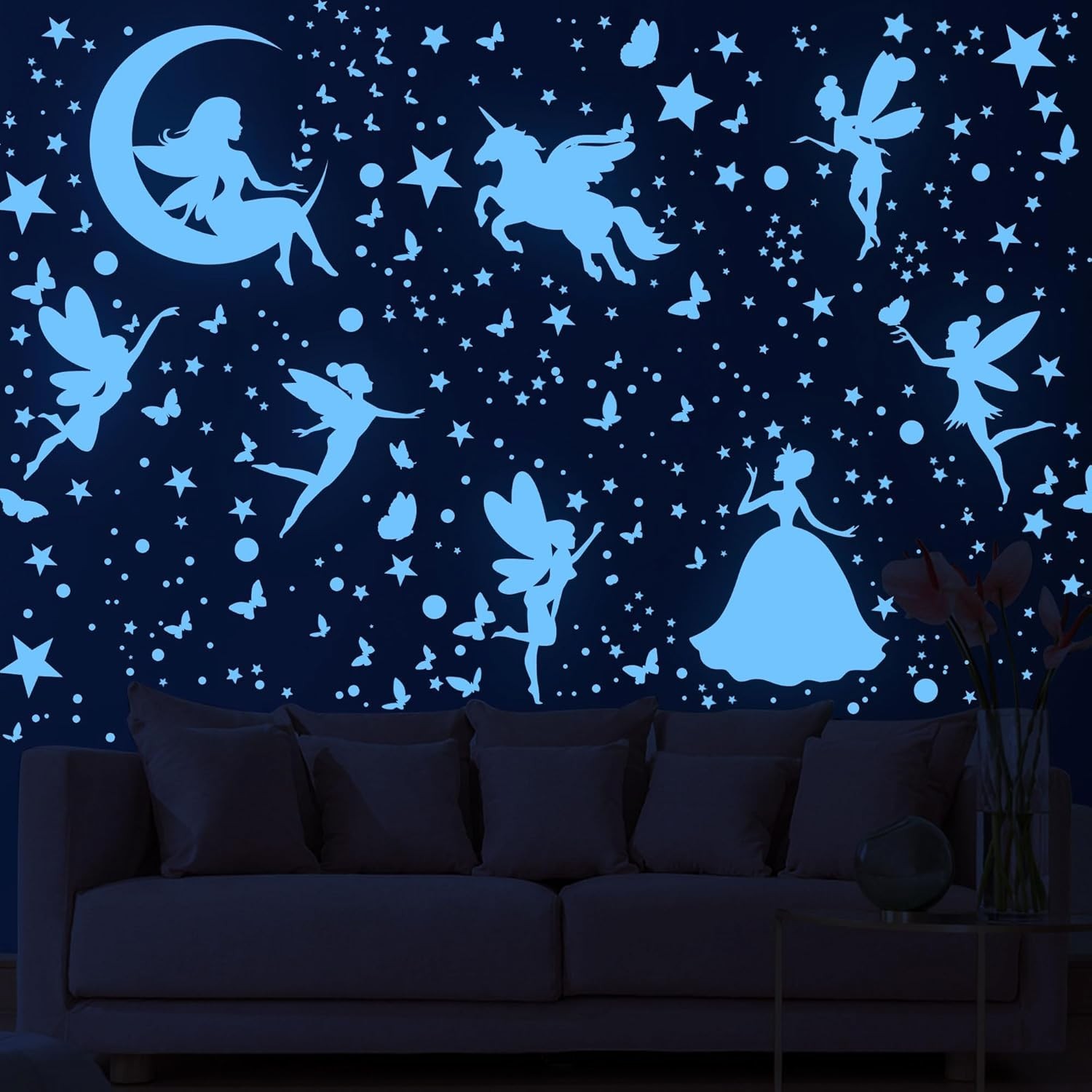 Glow in the Dark Stars Unicorn Bedroom Decor for Girls – Fairy Butterfly Wall De