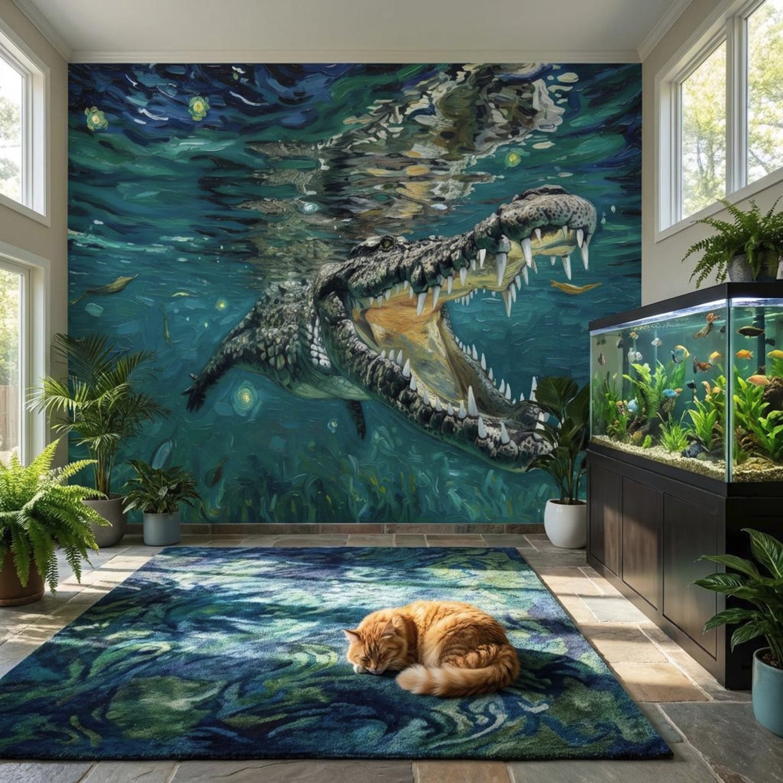 Underwater Alligator Crocodile Wall Mural, Van Gogh Starry Night Style Wallpaper