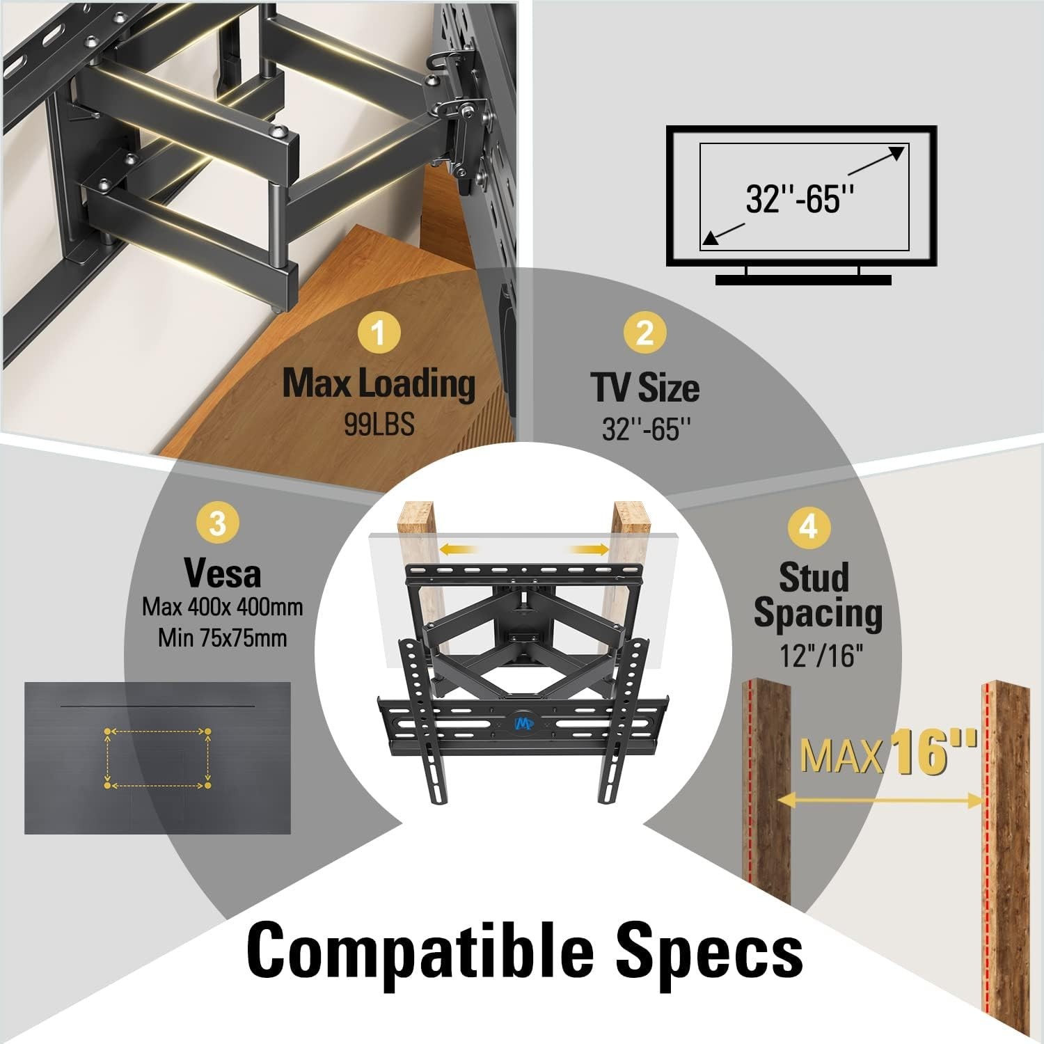 TV Wall Mount for 32-65 Inch TV with Swivel and Tilt Full Motion TV Bracket