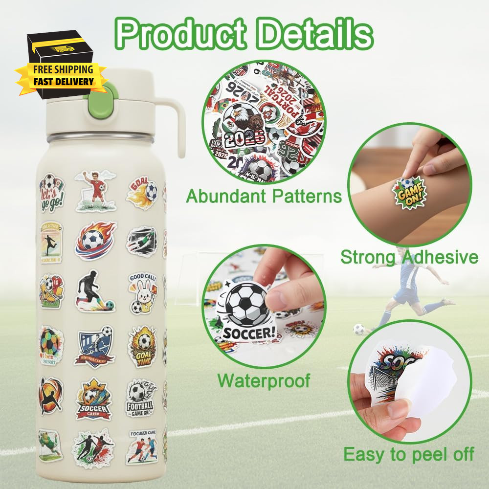Soccer Stickers, 100 PCS Soccer Stickers for Kids, Soccer Party Favors, Vinyl Wa