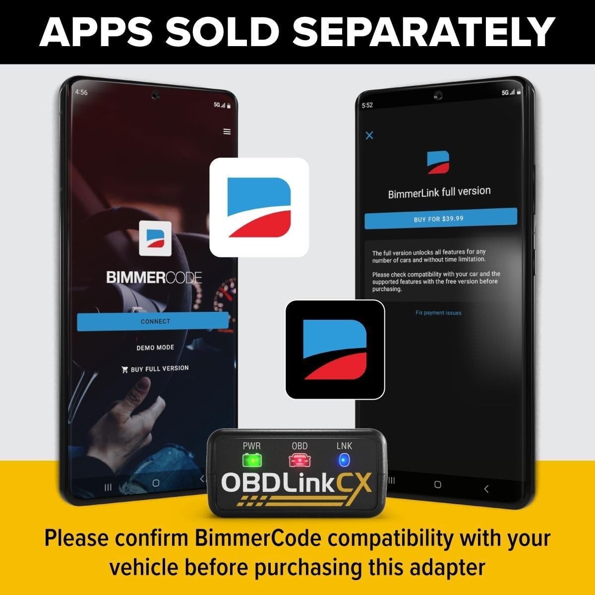 CX Bimmercode Bluetooth 5.1 OBD2 Adapter for BMW/Mini, Works with iPhone/iOS & A