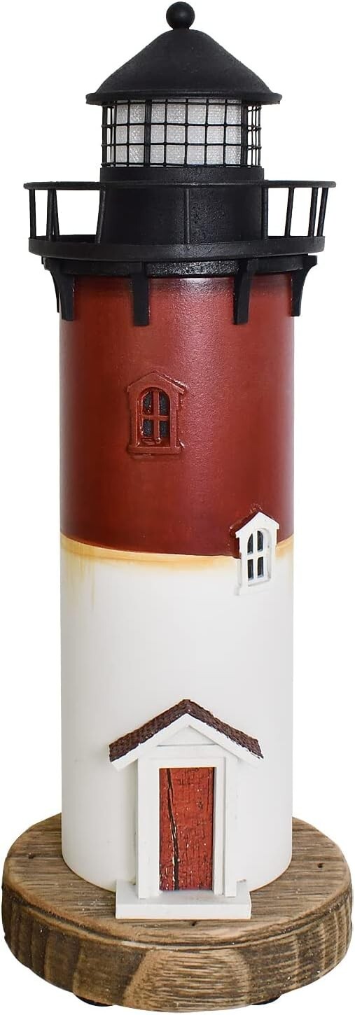 Wooden Lighthouse with Lights Nautical Tabletop Figurine (Red)