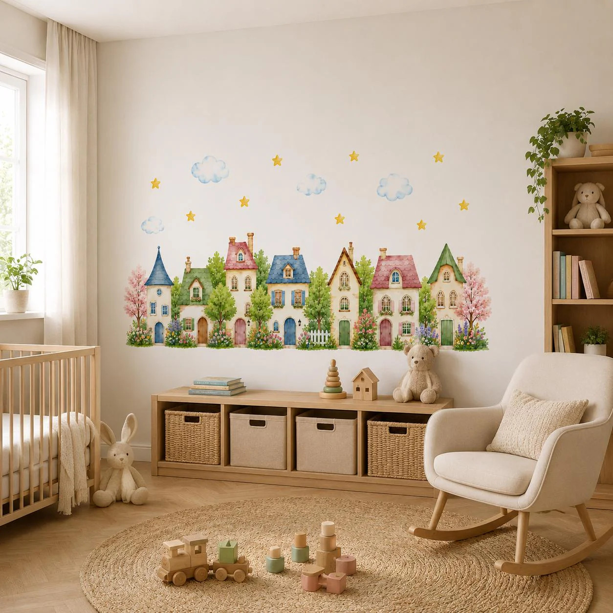 Watercolor Village Houses Wall Vinyl Decal | Cute Cottage Town Sticker