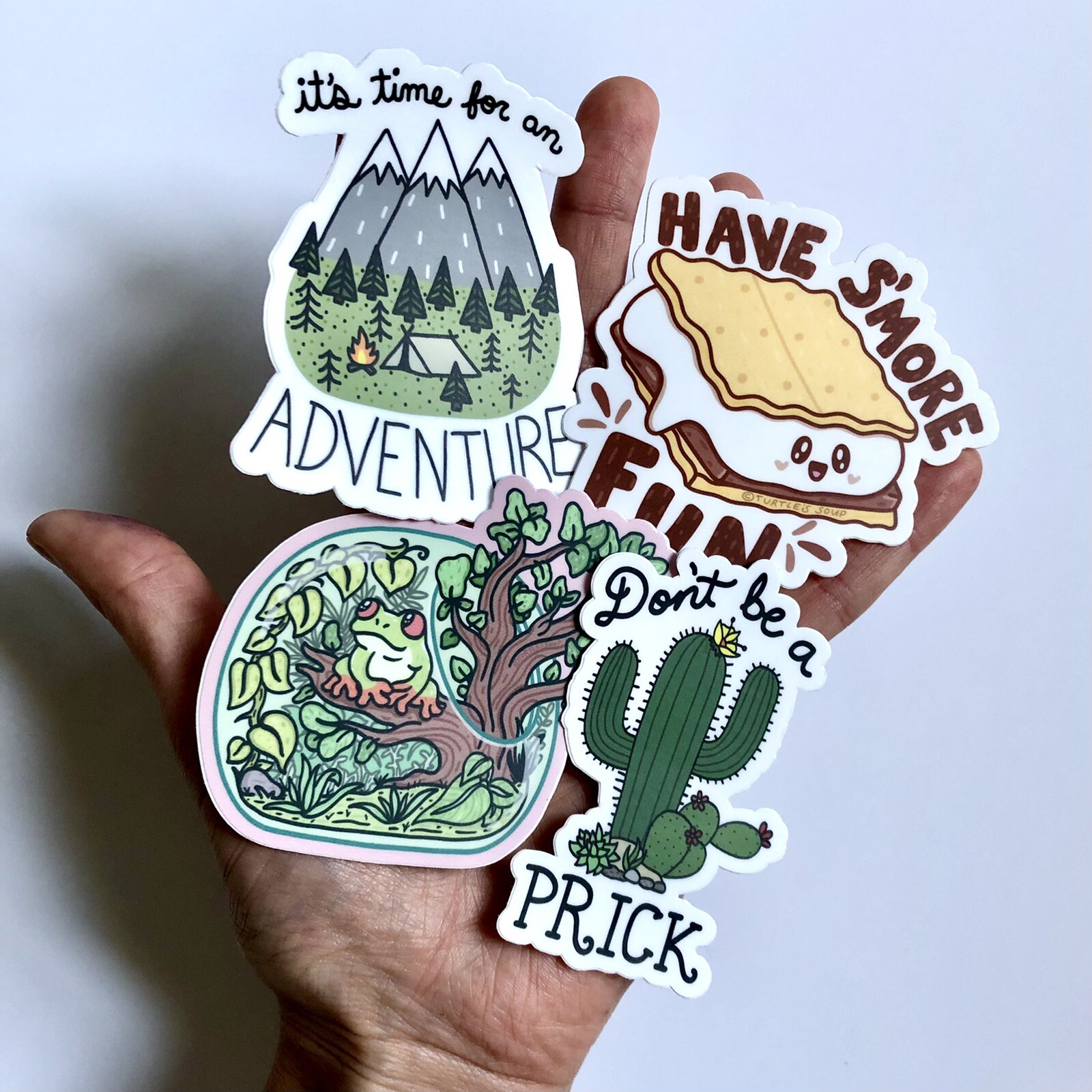 NEW! Turtle’s Soup SET OF 4 VINYL STICKERS / DECALS — 3×3” Cute Camping Theme