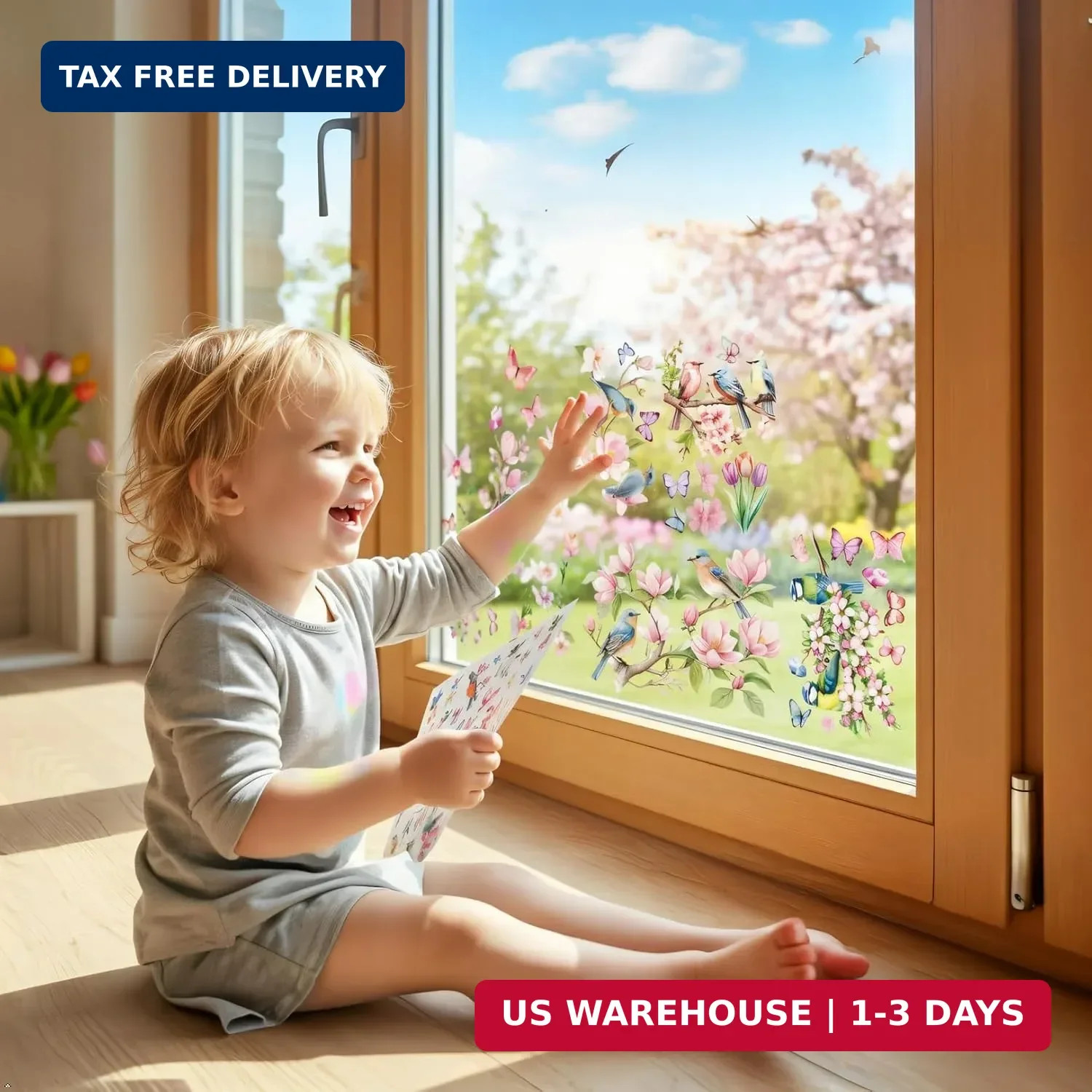 Spring Window Cling Sticker – 78PCS Tulip Butterfly Flower Hummingbirds Window D