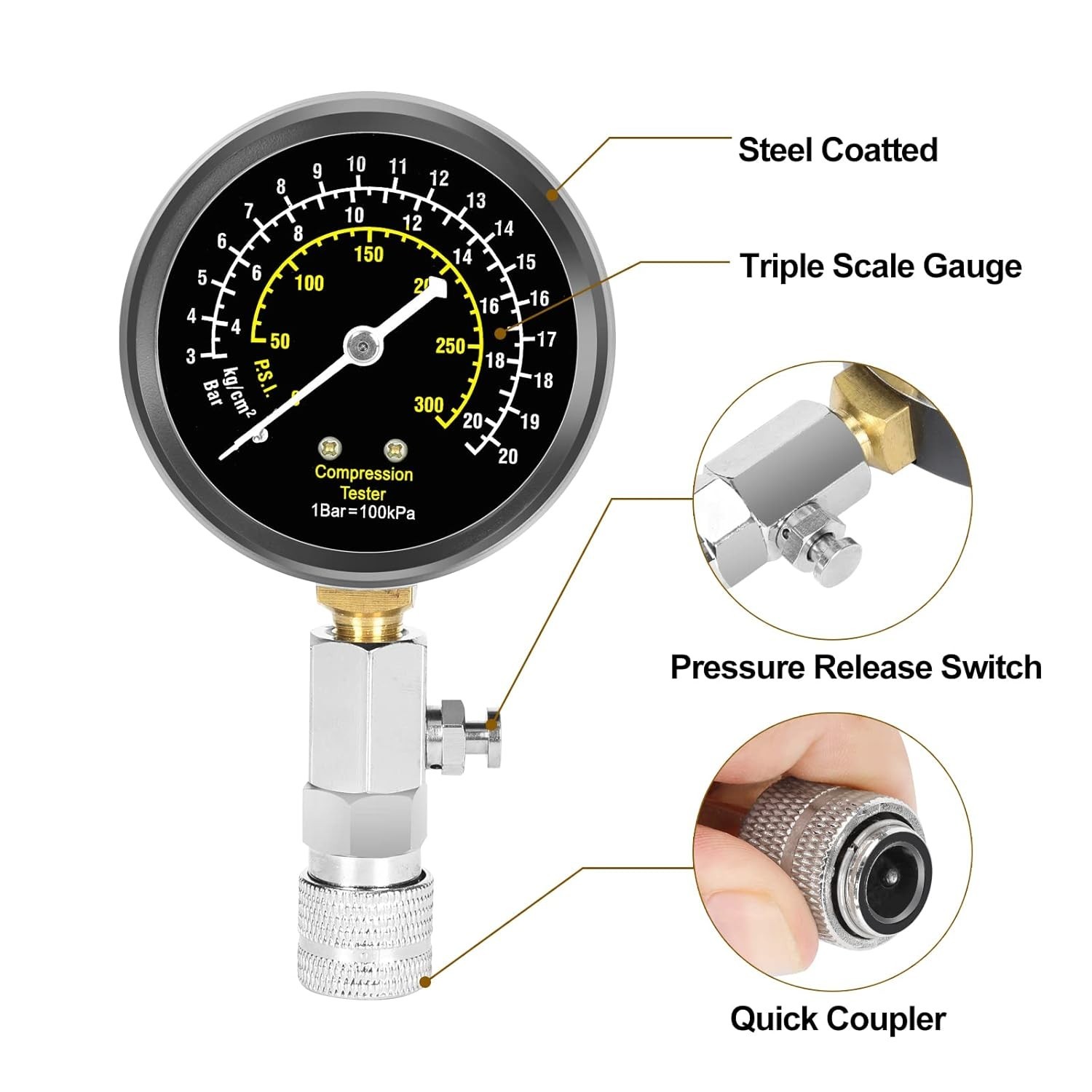 Professional 300PSI Compression Tester with Spark Plug & Adapter Kit for Engines