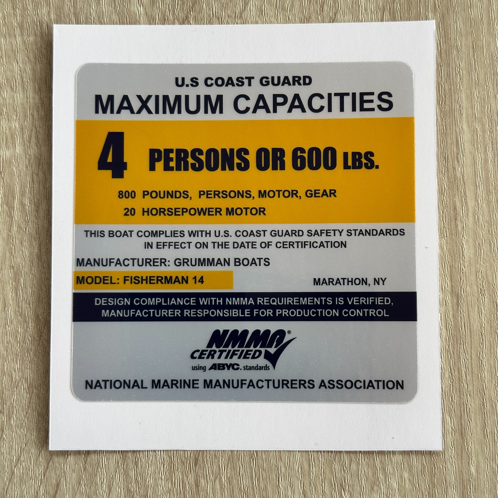 Grumman Fisherman 14 Boat Capacity Plate Decal Replacement Sticker USCG NMMA