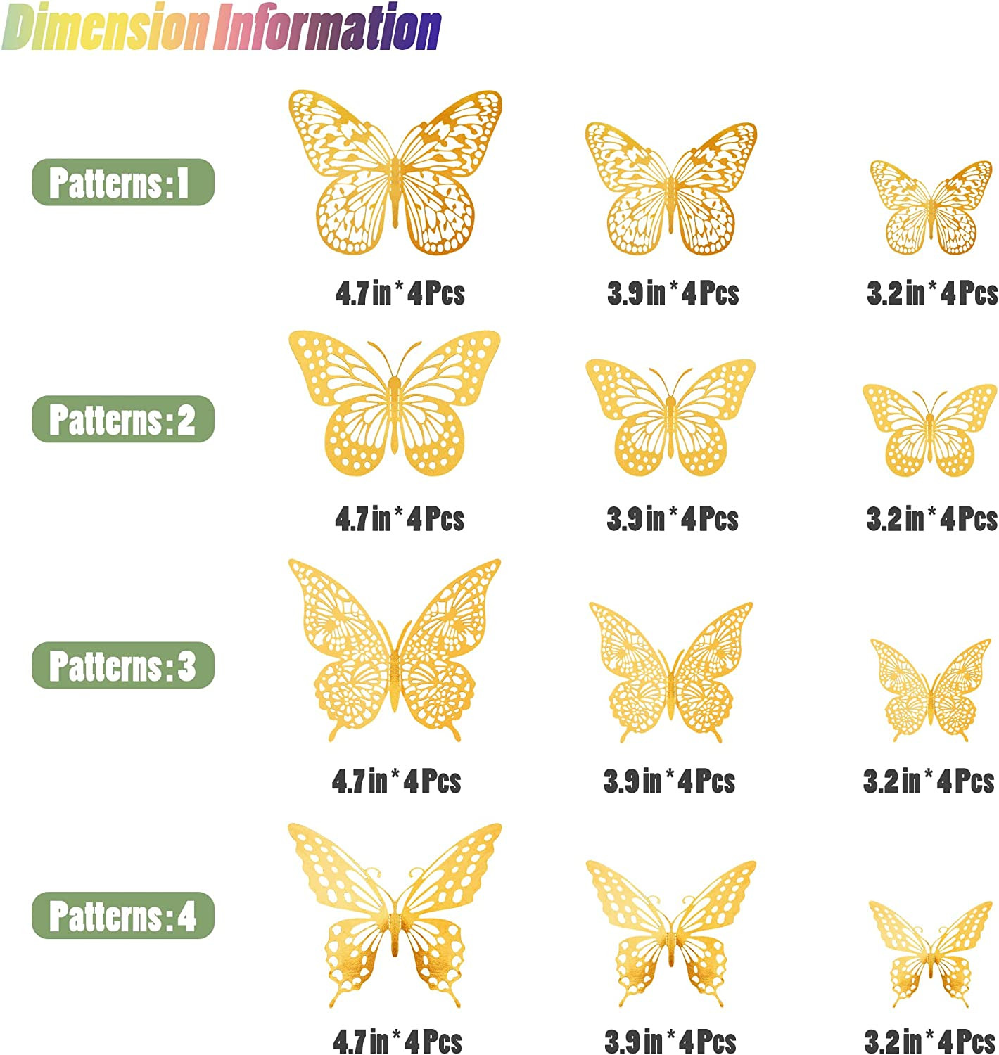 3D Butterfly Wall Decor – 48 Pcs, 4 Styles, 3 Sizes, Gold Butterfly Decorations