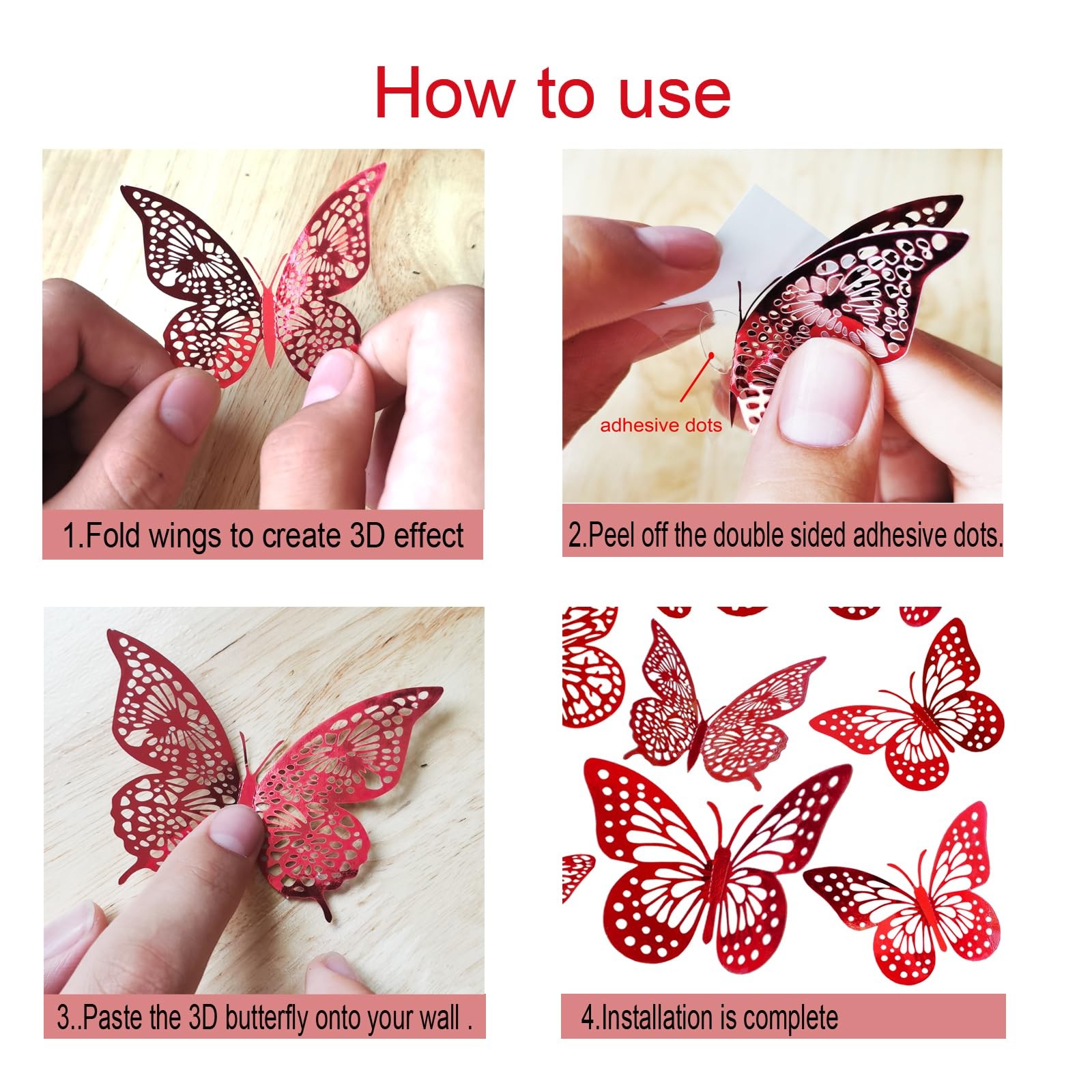 3D Red Butterfly Wall Stickers – 48 Pcs with 4 Styles & 3 Sizes, Removable De…