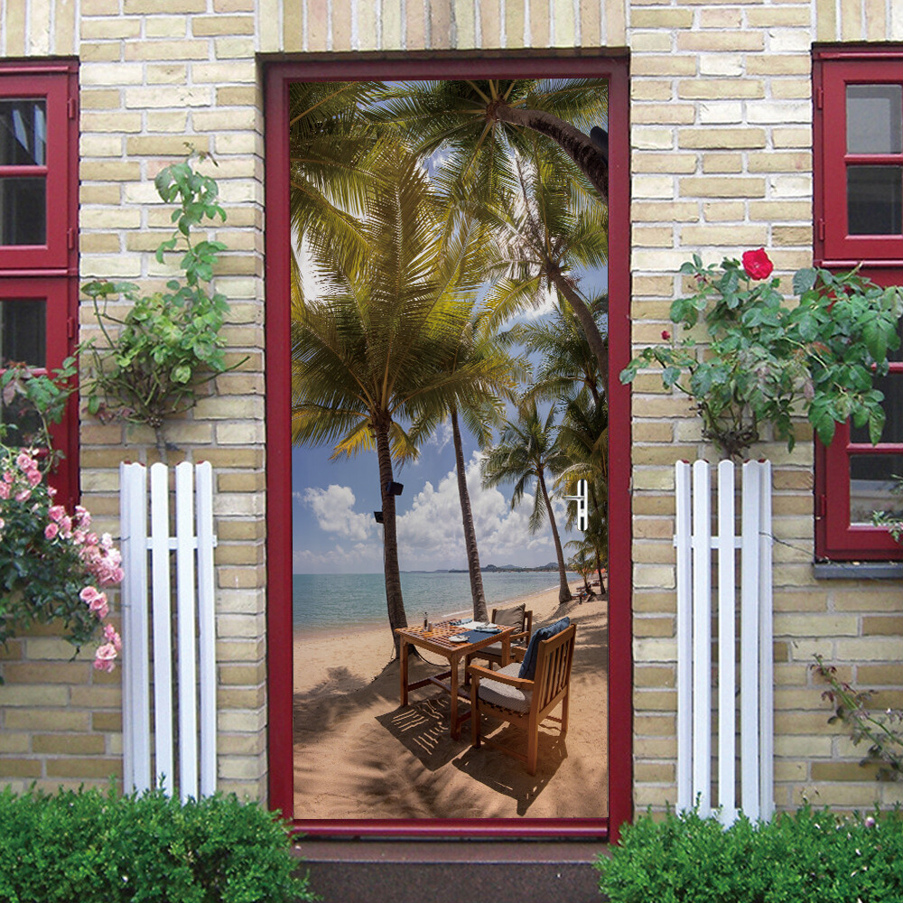 3D Wall Art Summer Beach Palm Trees Door Sticker Decal Self-adhesive Wrap Mural