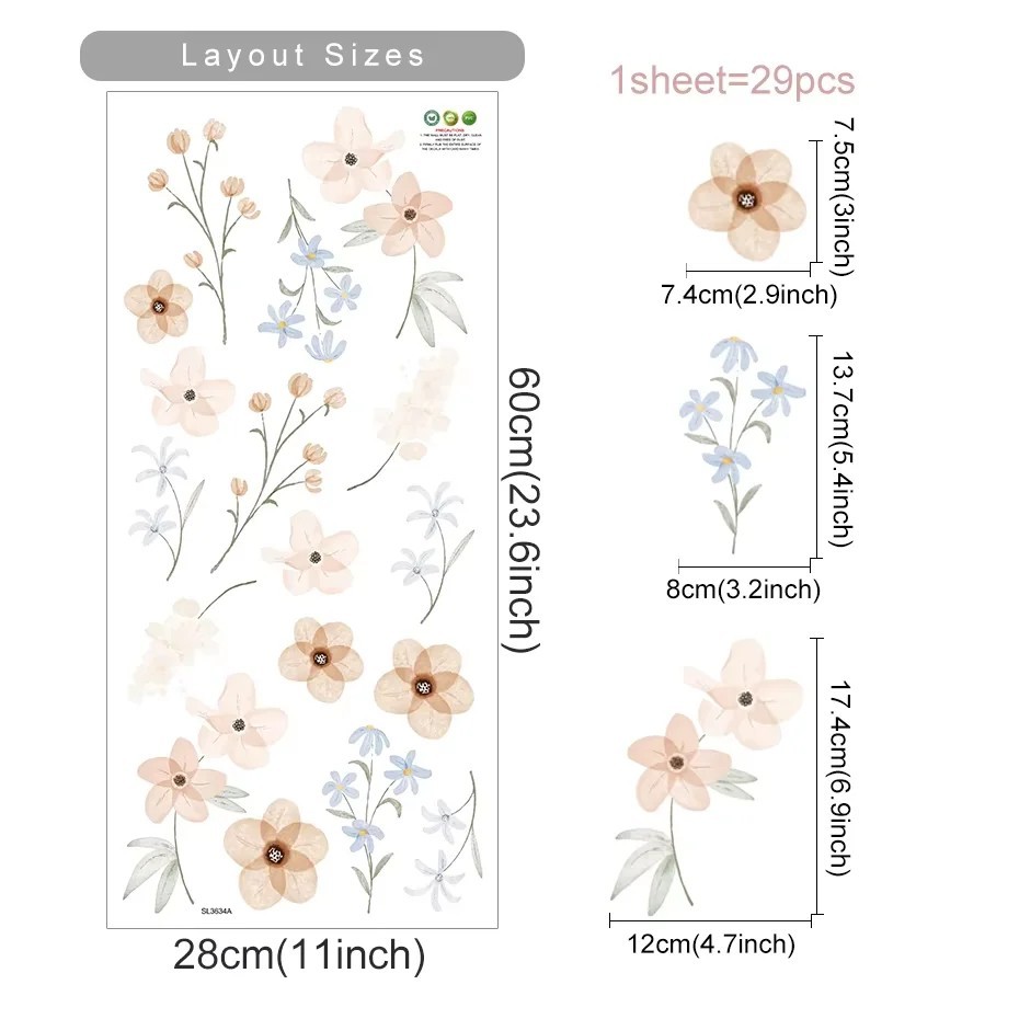 Boho Watercolor Flower Wall Stickers Removable Decals Bedroom Back to School