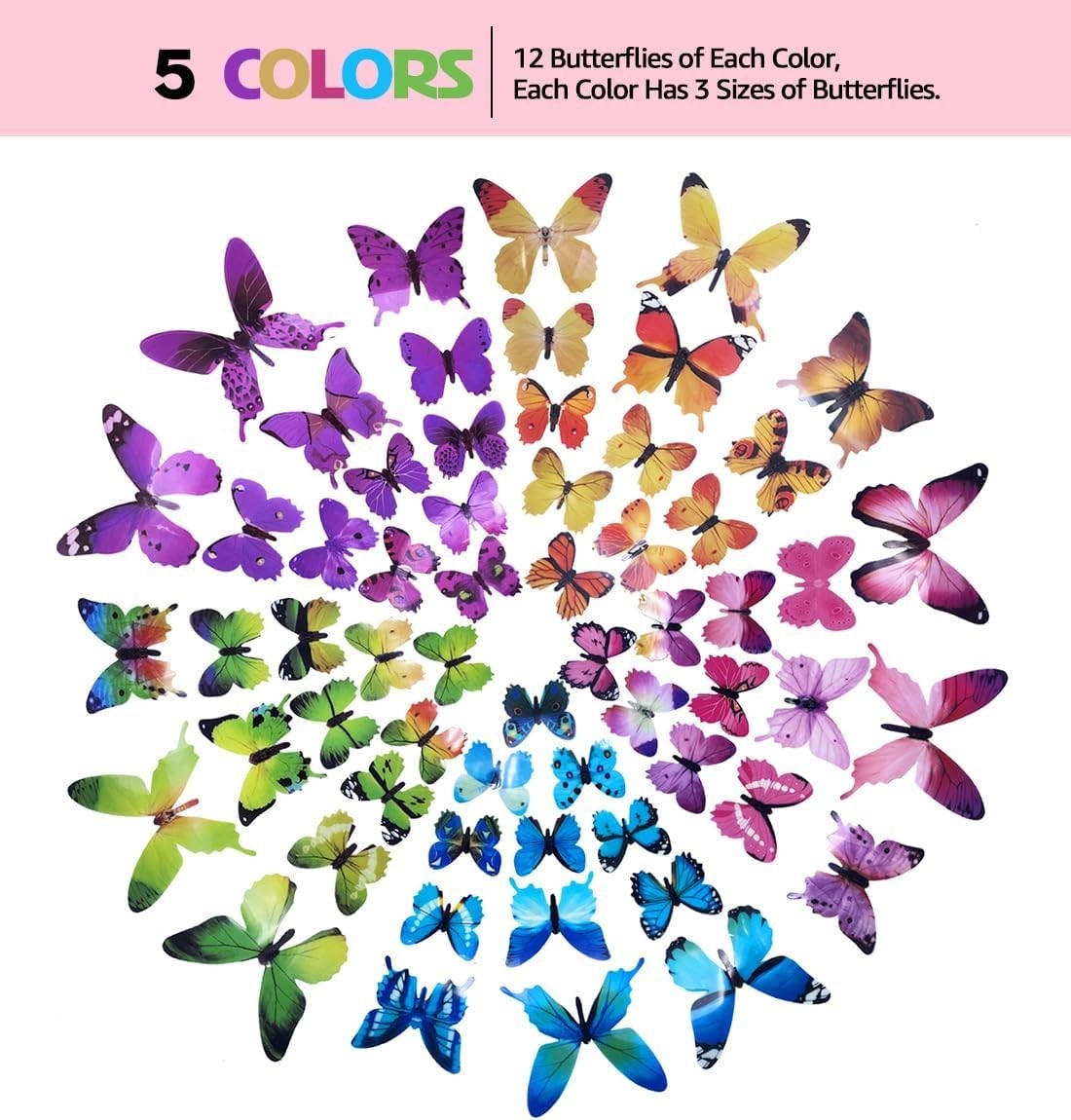 60 Pcs 3D Colorful Butterfly Wall Stickers – Removable & Waterproof Decor