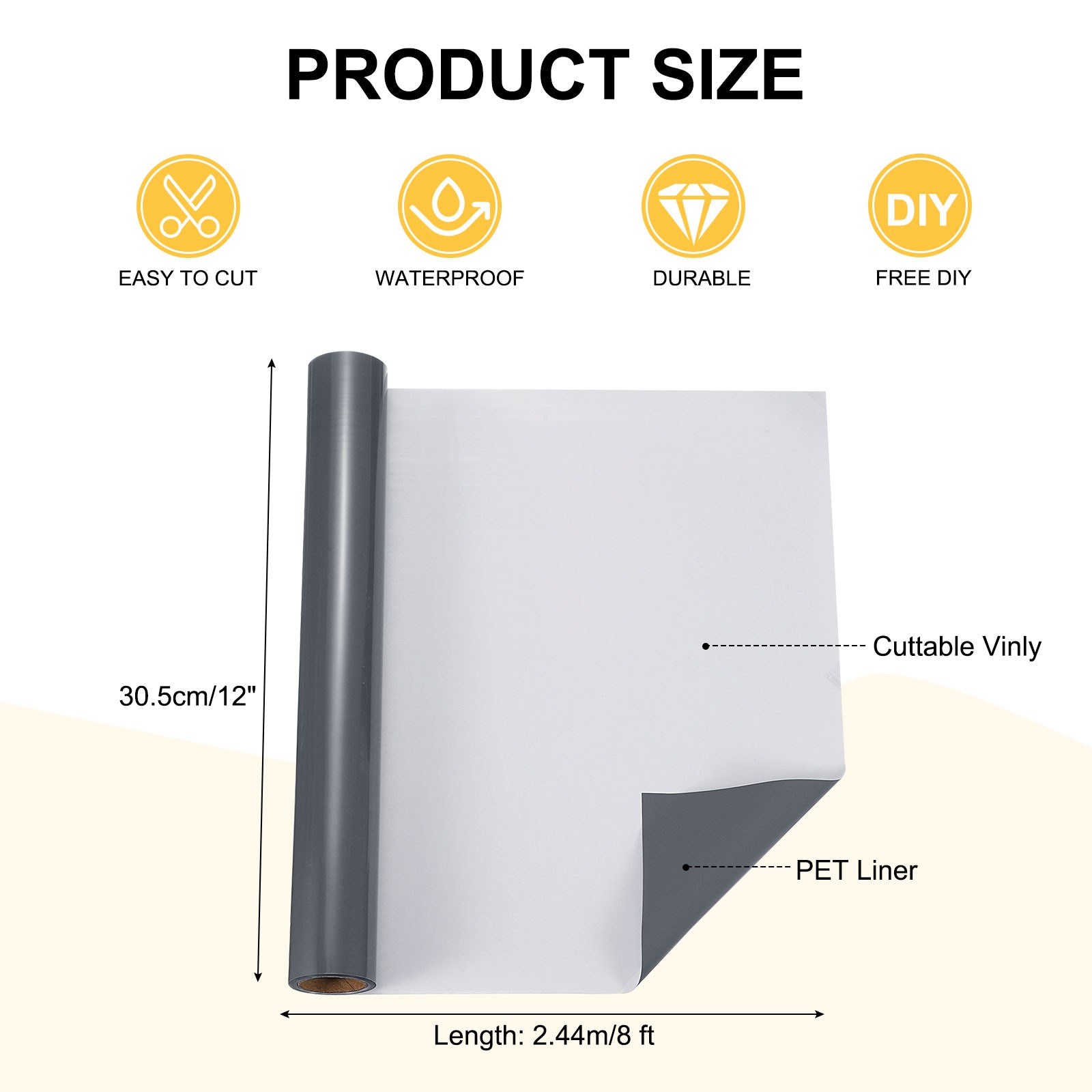 Dark Gray Permanent Vinyl, 12 Inch x 8ft Adhesive Vinyl Roll