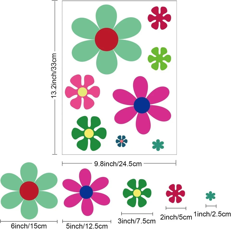 Zonon 96 Pieces Flower Car Decals Window Clings 60s 70s Hippie Multicolored