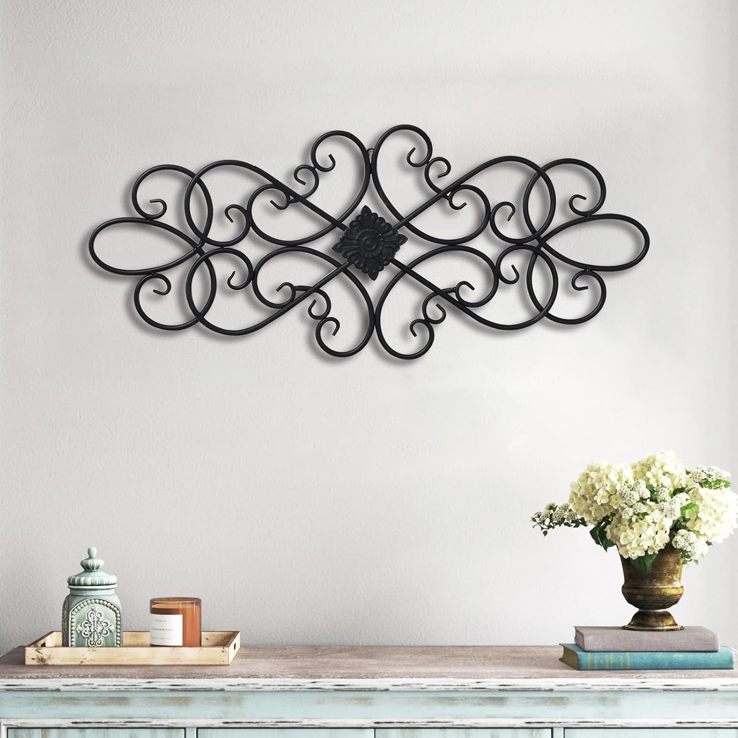 Farmhouse Black Wrought Iron Wall Art 32" – Distressed Scroll Metal Decor Plaque