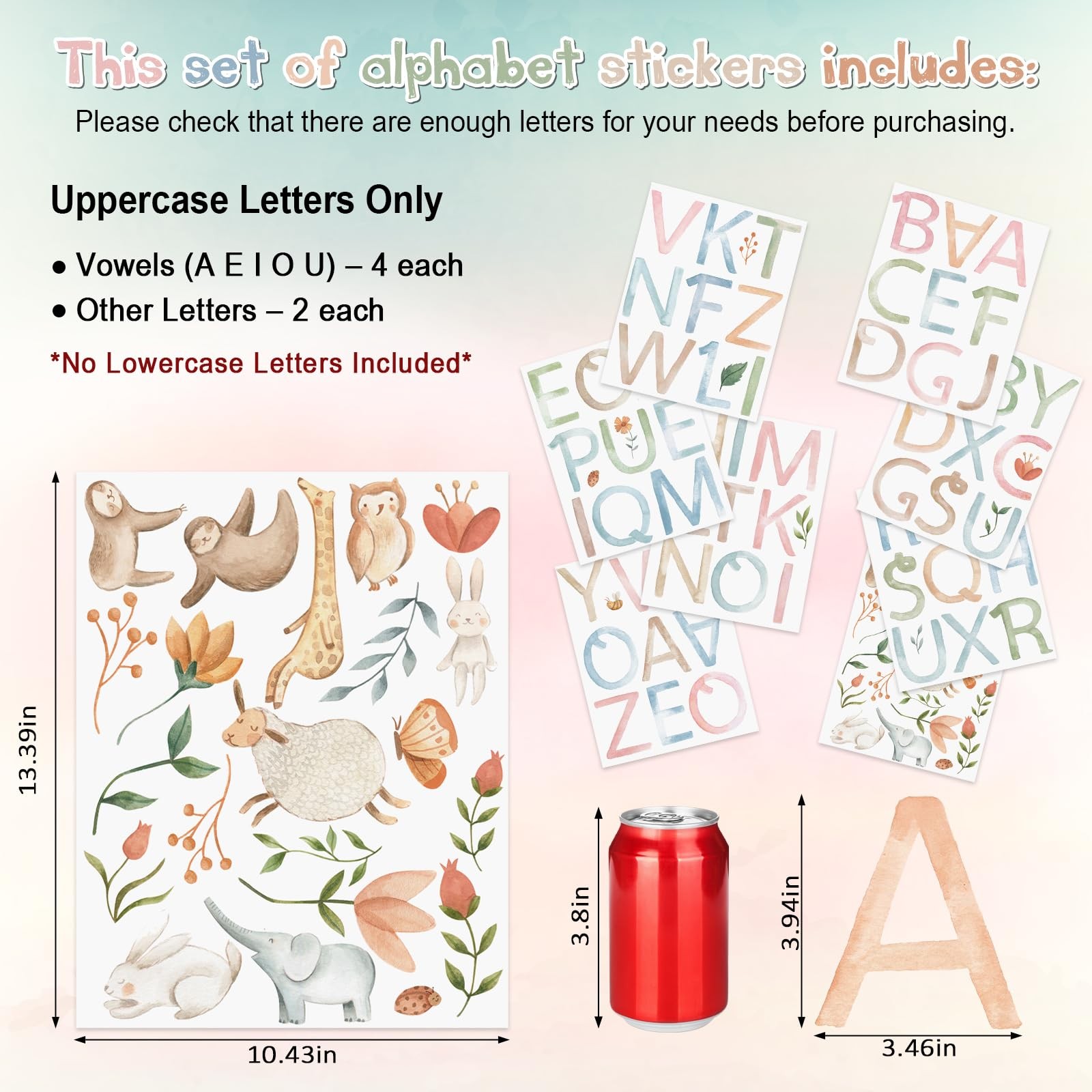 8 Sheets Watercolor Name Wall Decal Sticker Woodland Animal Vinyl Alphabet St…