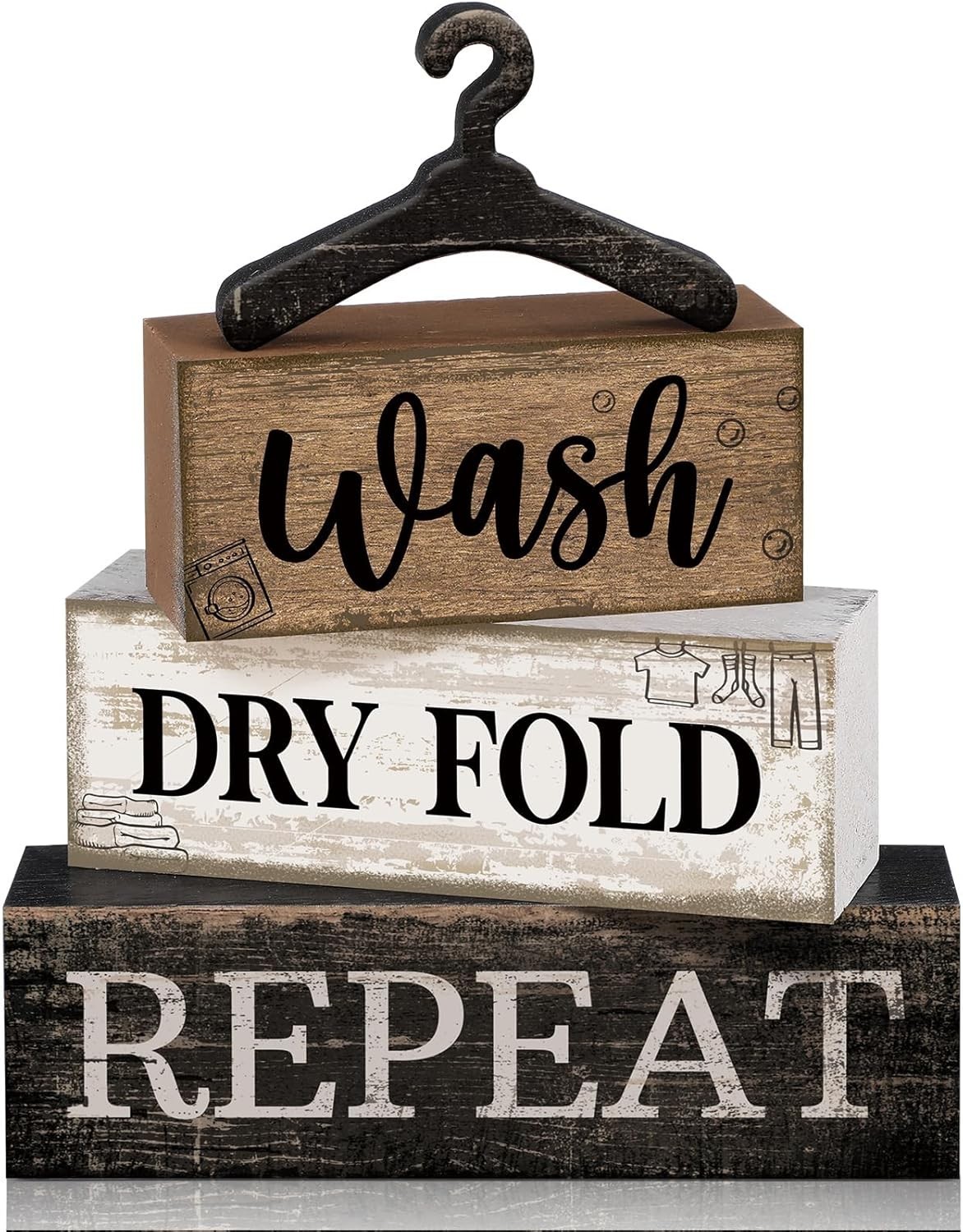 4 Pcs Farmhouse Laundry Room Decor Stacked Blocks, Wash Dry Fold Repeat Woode…