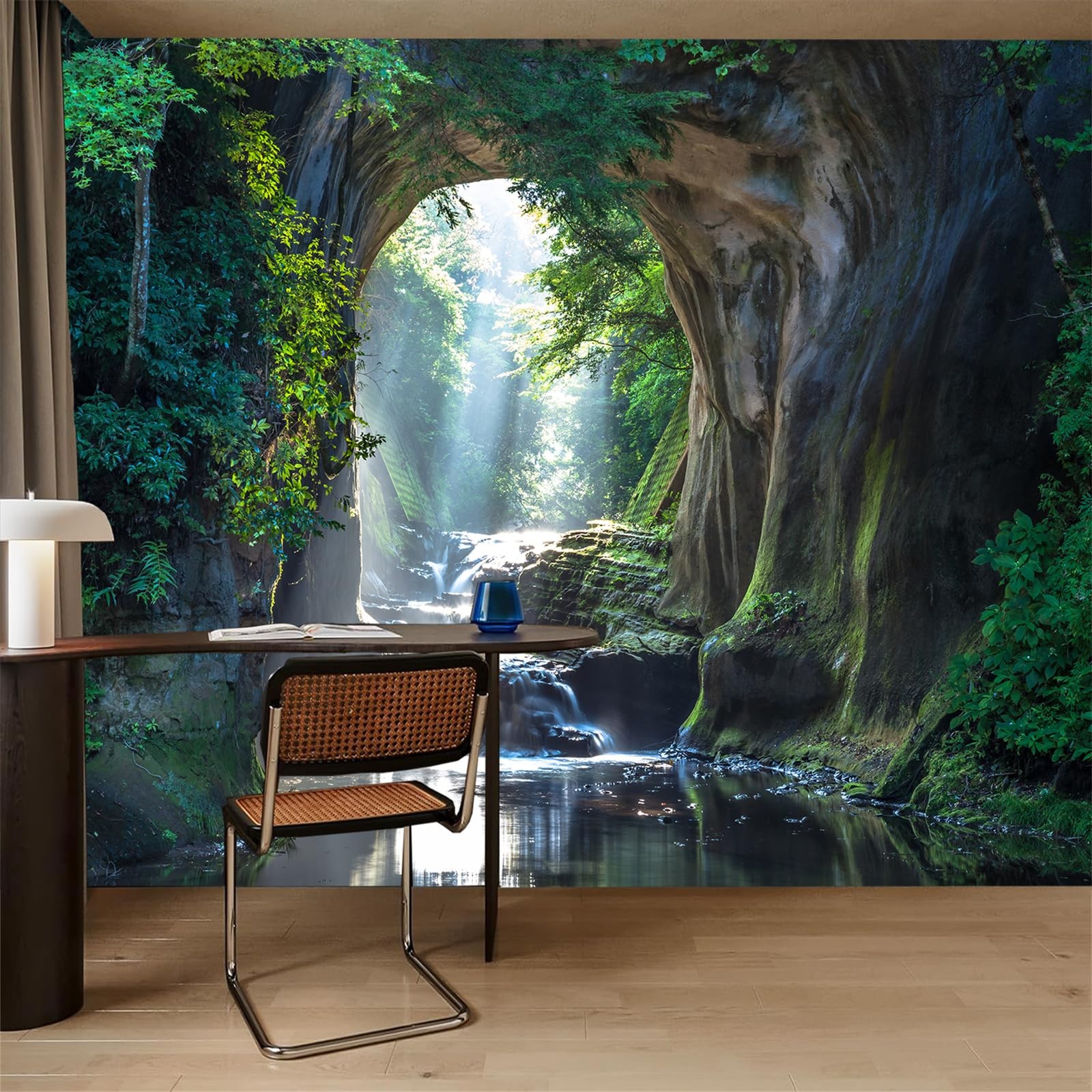 Waterfalls Flow Through Cave Peel and Stick Wall Murals 118"x78.7"-Self-Adhes…