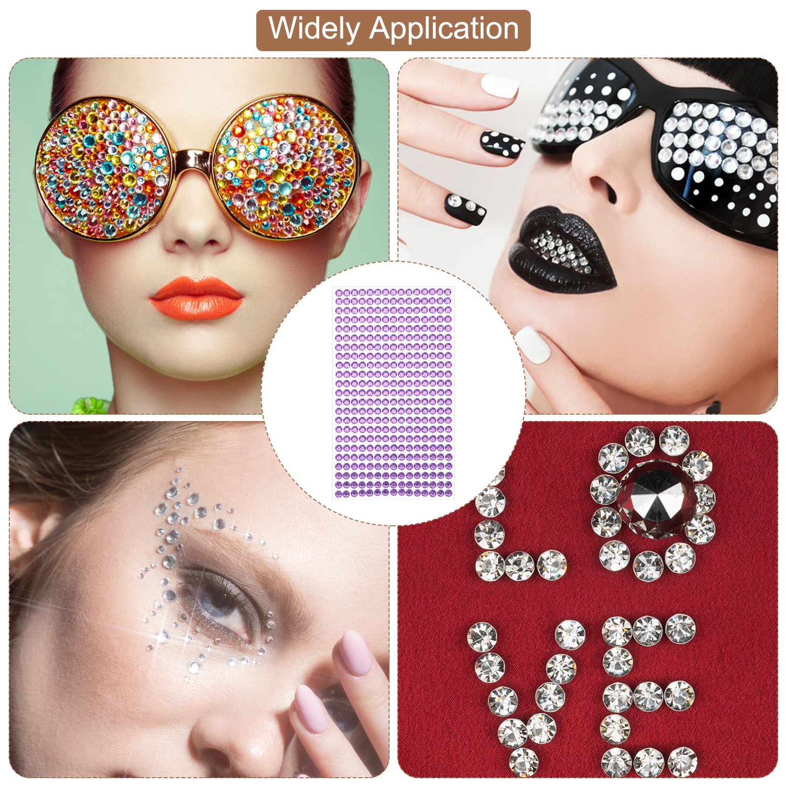 2190Pcs 3mm/5mm Self-Adhesive Rhinestone Stickers 4 Sheet Light Purple