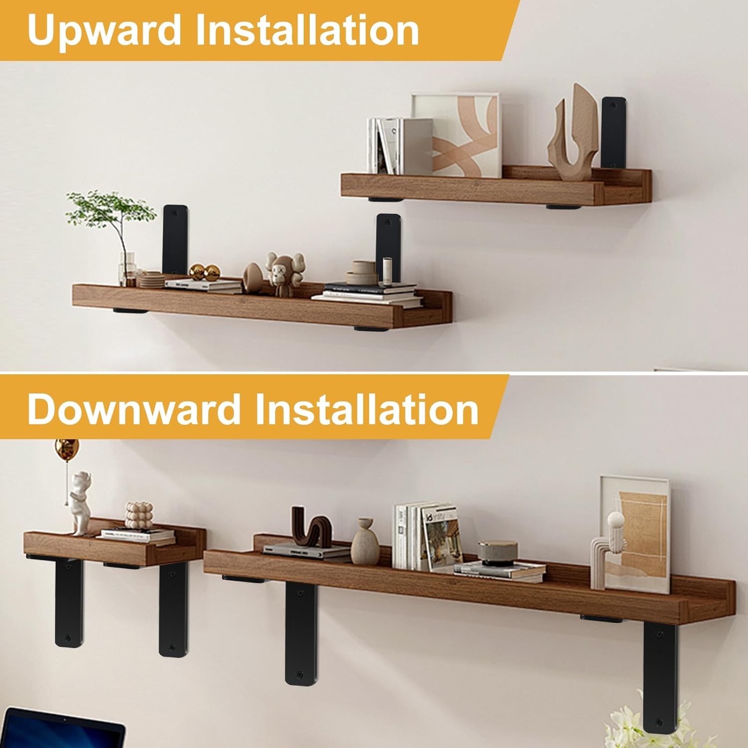 8 Pack – L 10" x H 6" x W1.5, 5mm Thick Black L Shelf Bracket, Iron Shelf Bracke