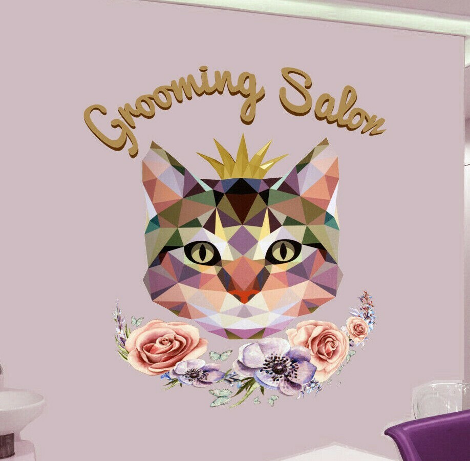 Grooming Salon Sticker, Cat Decal, Polygonal Animal Home Decor Сat Wall Art