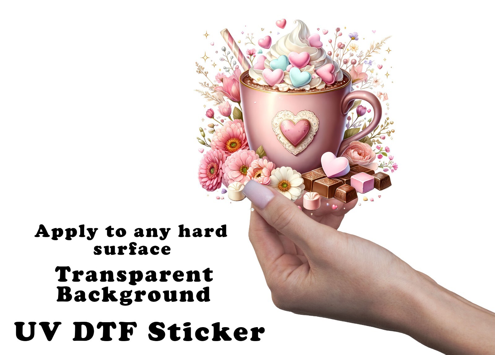 Pink Valentine Hot Cocoa UV DTF Transparent Sticker / Decal