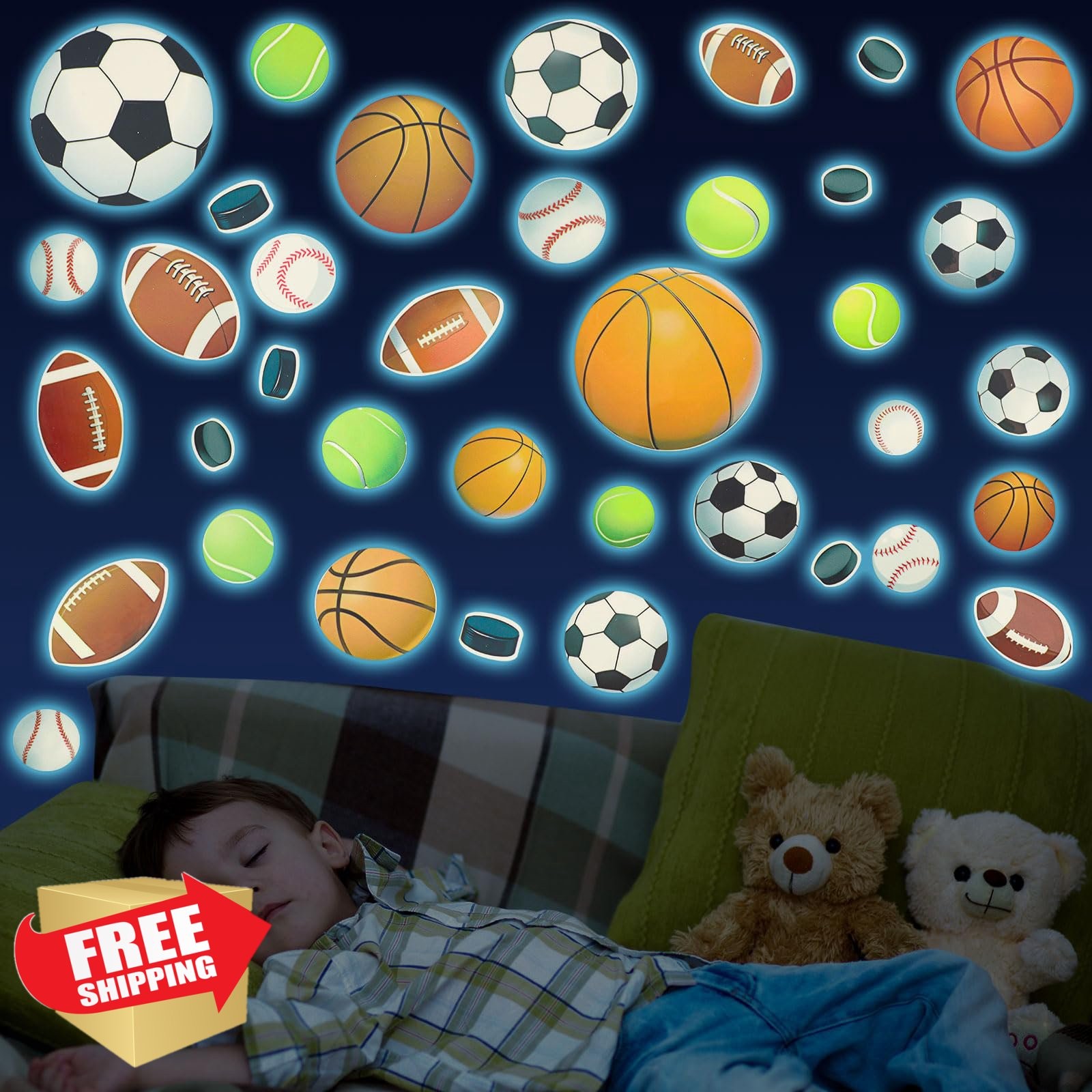 Tinoaly 3pc Glow Sports Ball Wall Stickers