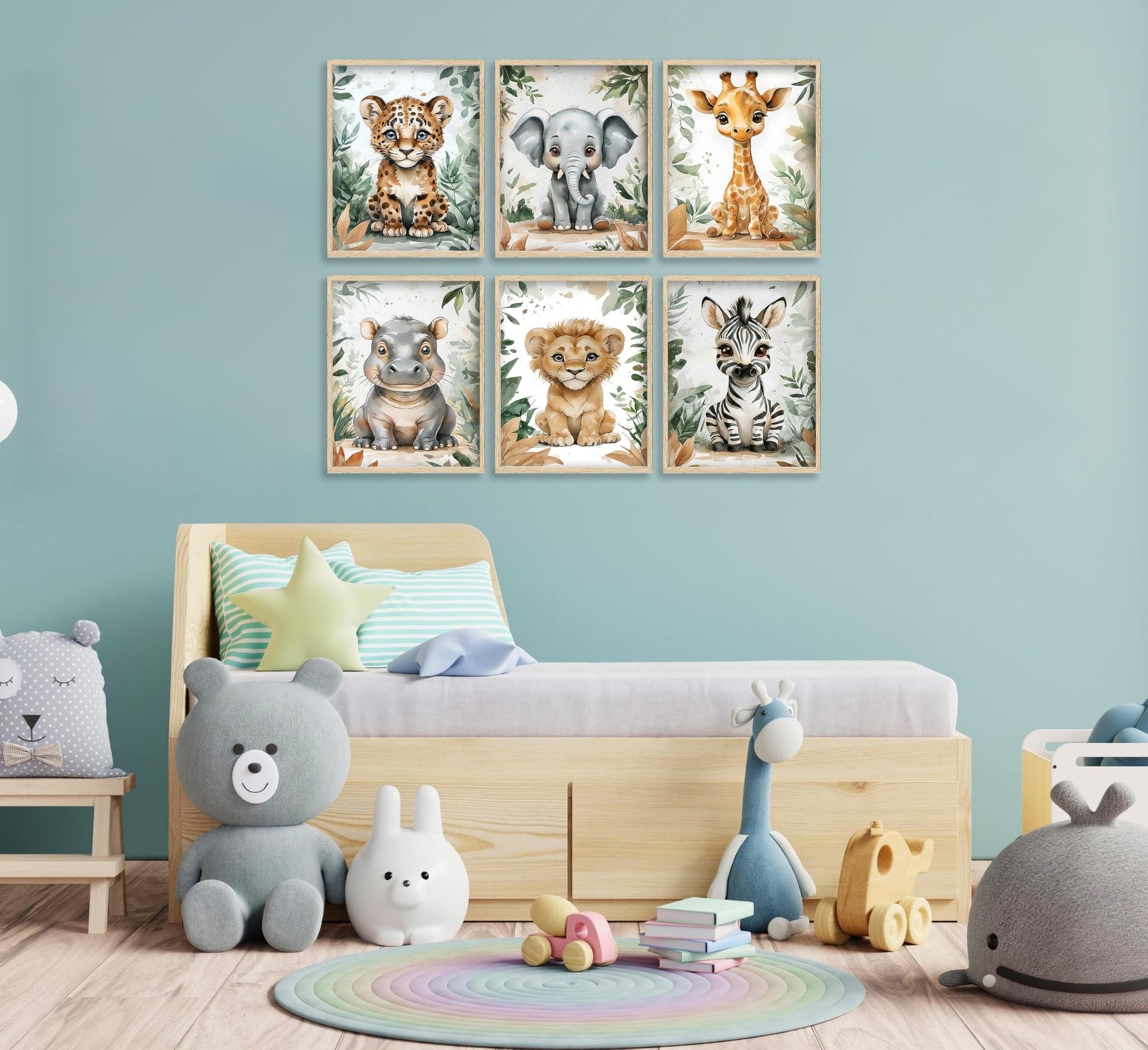 Baby Boy Safari Animal Wall Art Watercolor Theme Nursery Painting Picture Wal…