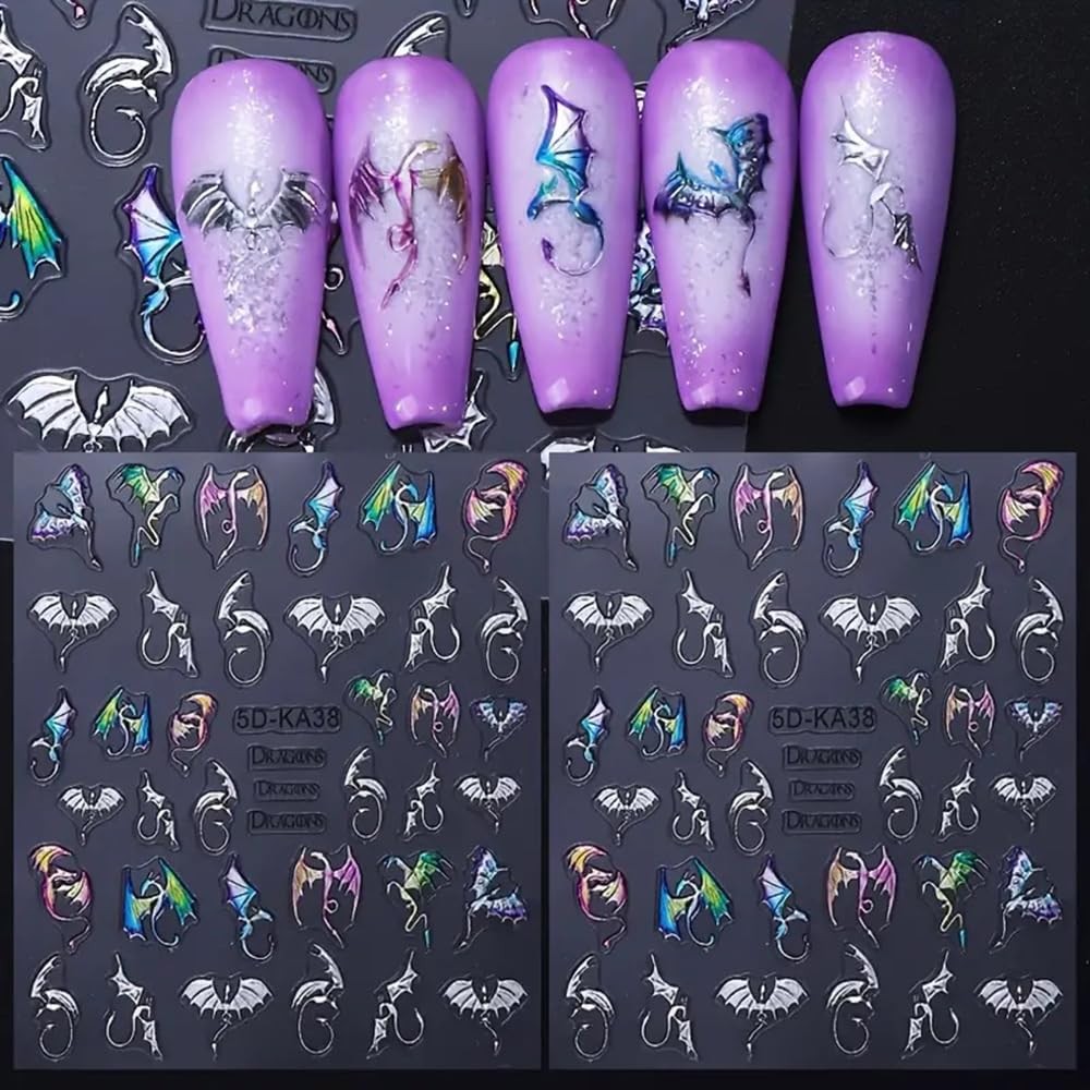 2 Sheets 5D Embossed Nail Art Stickers, Silvery Colored Bat Flying Dragon Q2