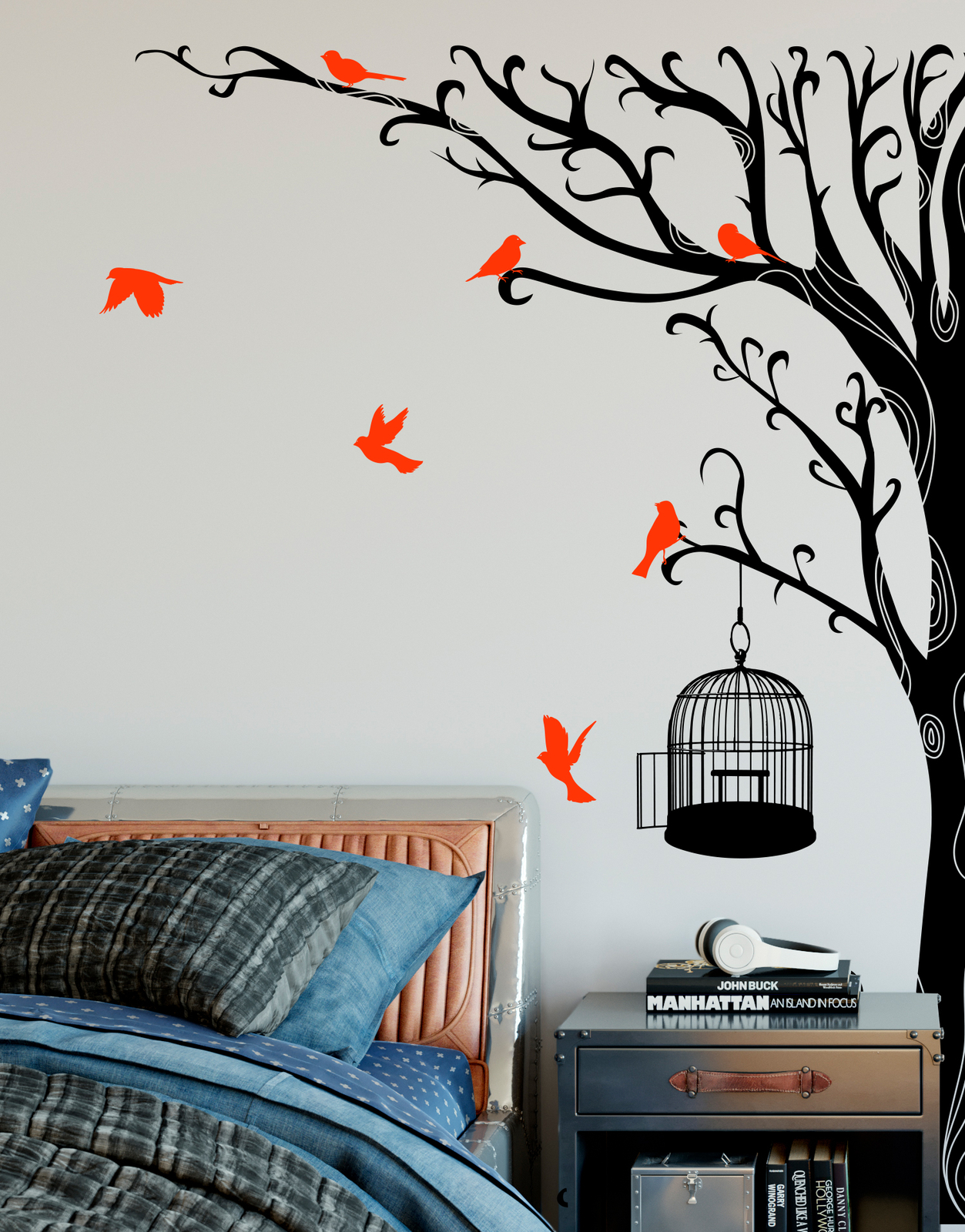 Swirly Tree with Bird Cage Wall Decal Sticker. #6148