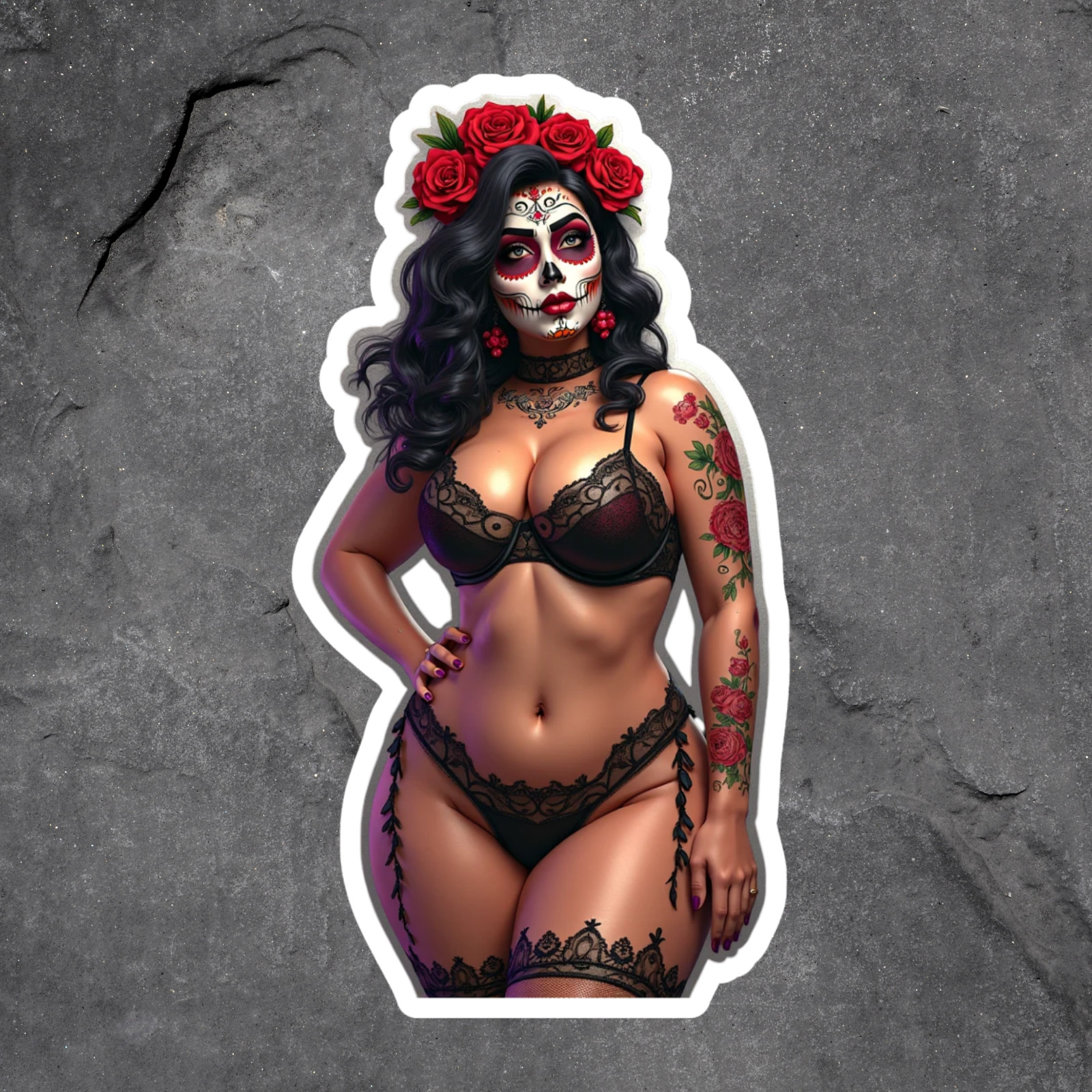 Pinup girl sticker vinyl decal sugar skull girl with roses in lingerie tattooed