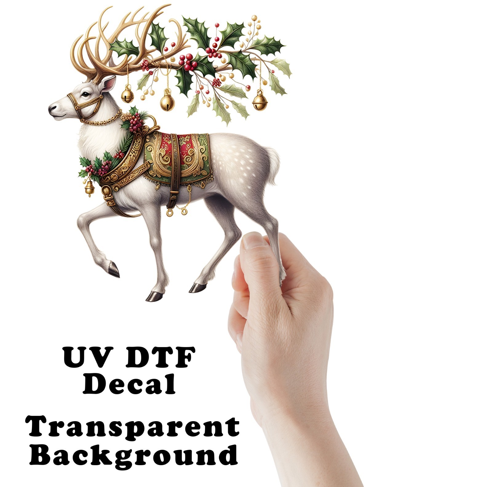 Holly Berry Christmas Reindeer UV DTF Transparent Sticker / Decal