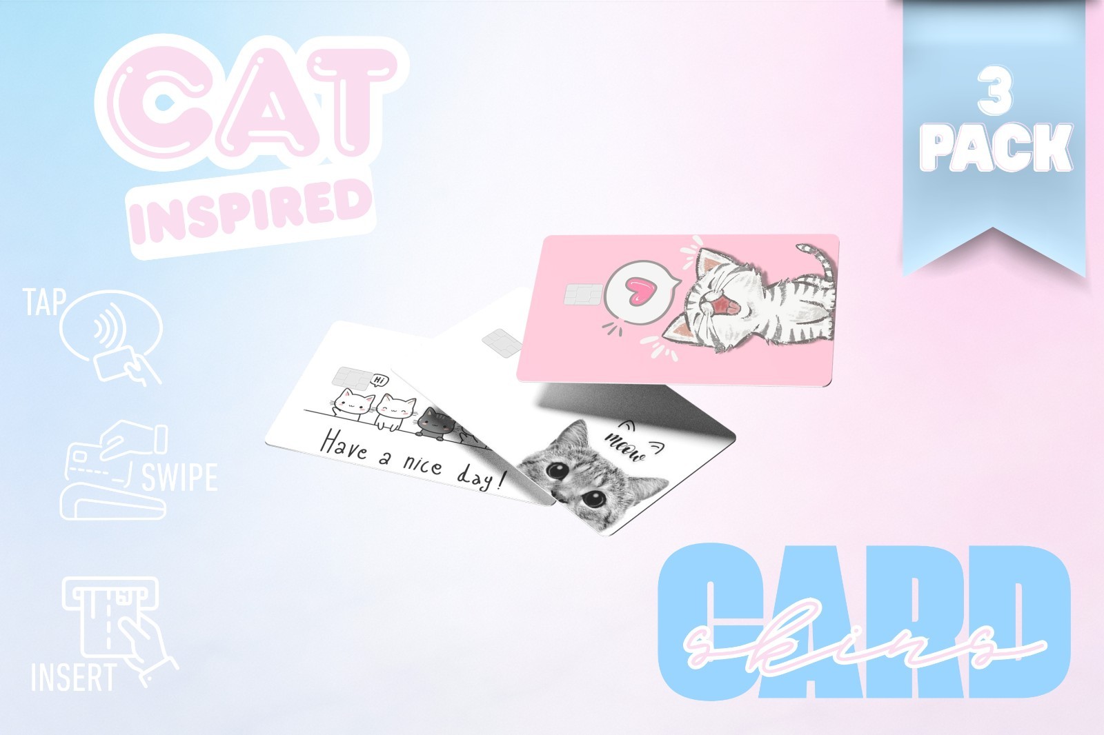 3‑Pack Cute Cat Card Skins – Vinyl Credit & Debit Card Covers | Great Gifts