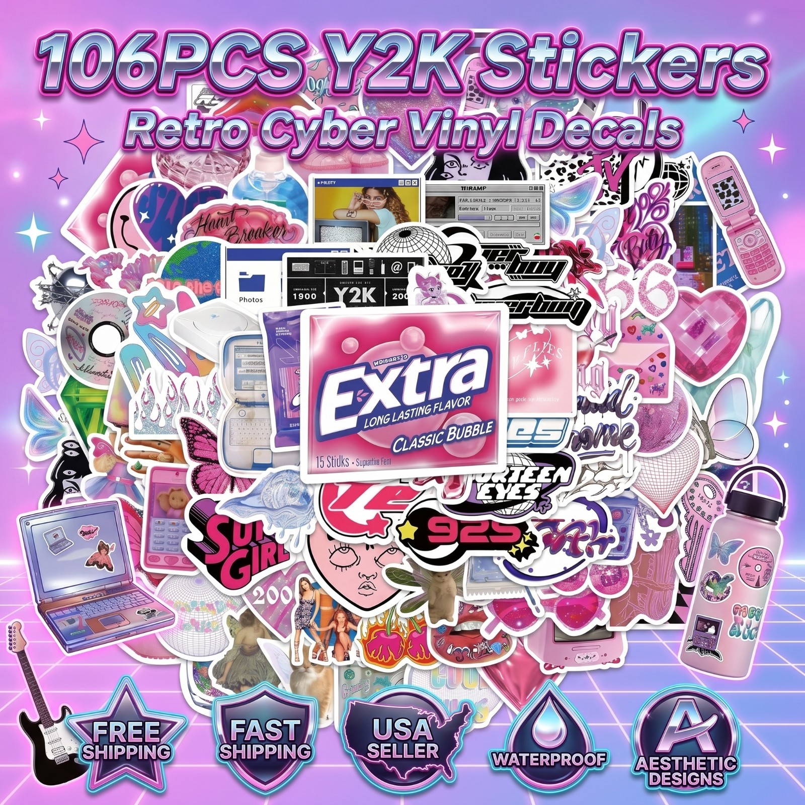 106PCS Y2K Retro Aesthetic Stickers Waterproof Vinyl Decals Pack
