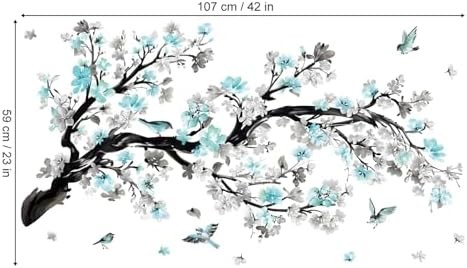 Watercolor Blue Flower Branch Wall Stickers Blossom Tree Floral Birds Peel and S