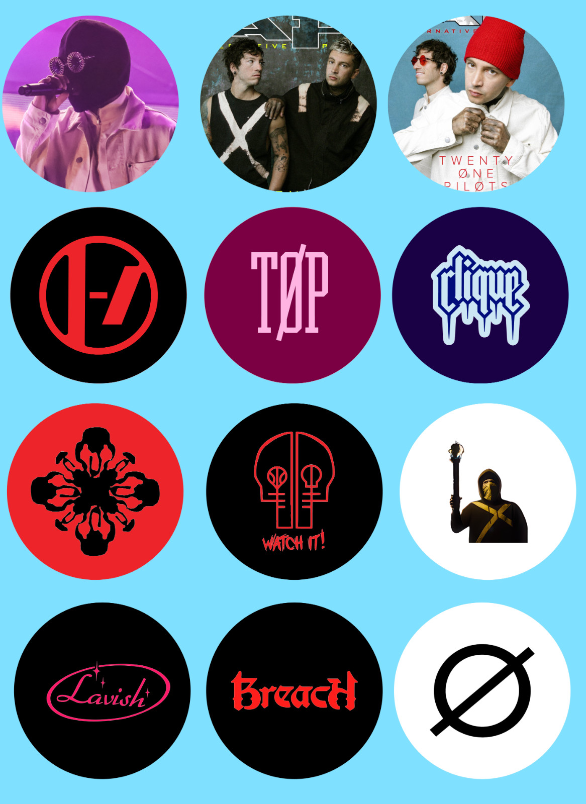 Twenty One Pilots sticker sets, Water Resistant, easy peel, 2-3", 12 Sets