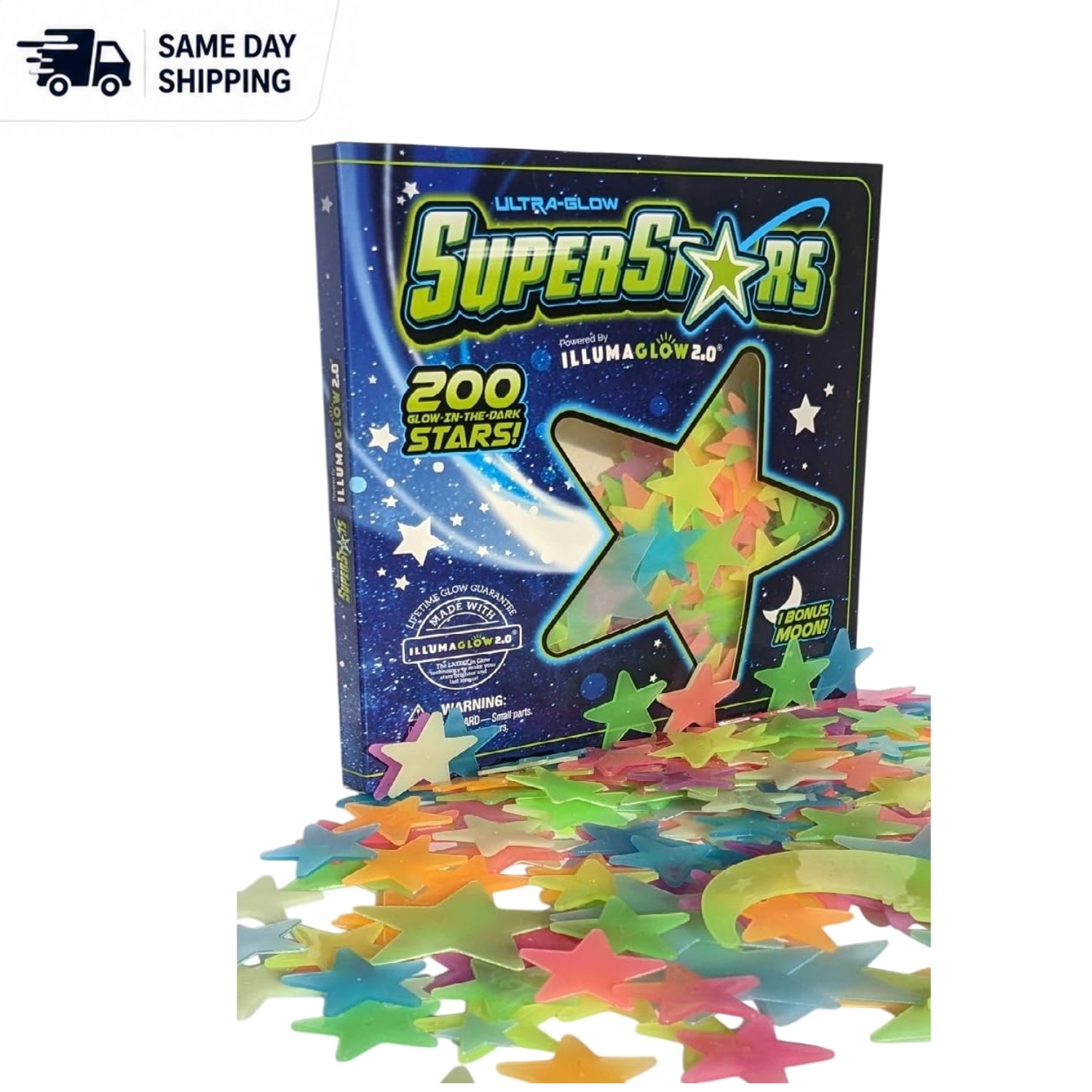 Multi-Colored Glow Stars Set – 200 Room Stickers with Bonus Moon for Kids' Décor