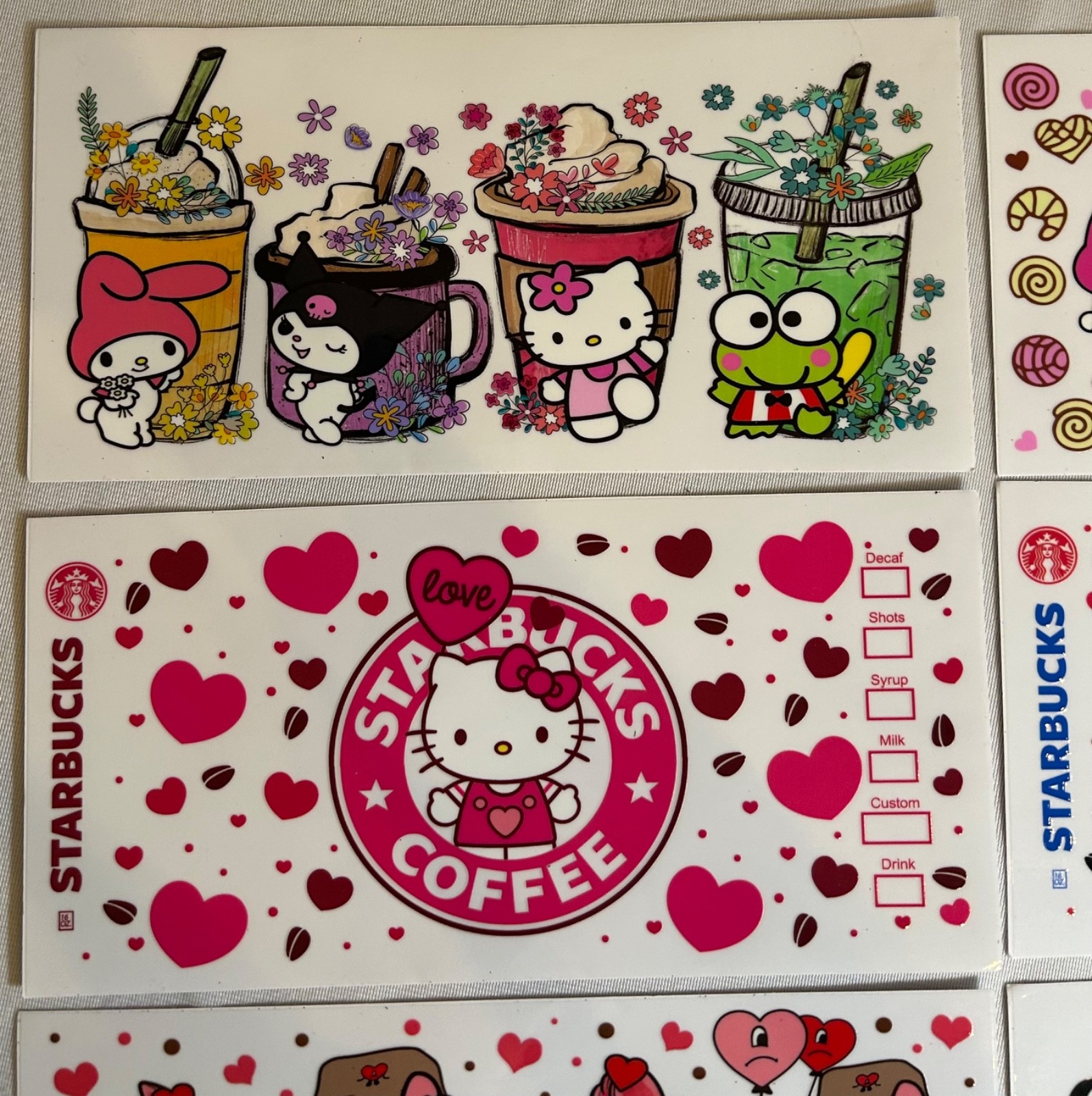 Set of 8 Hello Kitty Stitch Coffee Hearts Transfer Cup Wraps