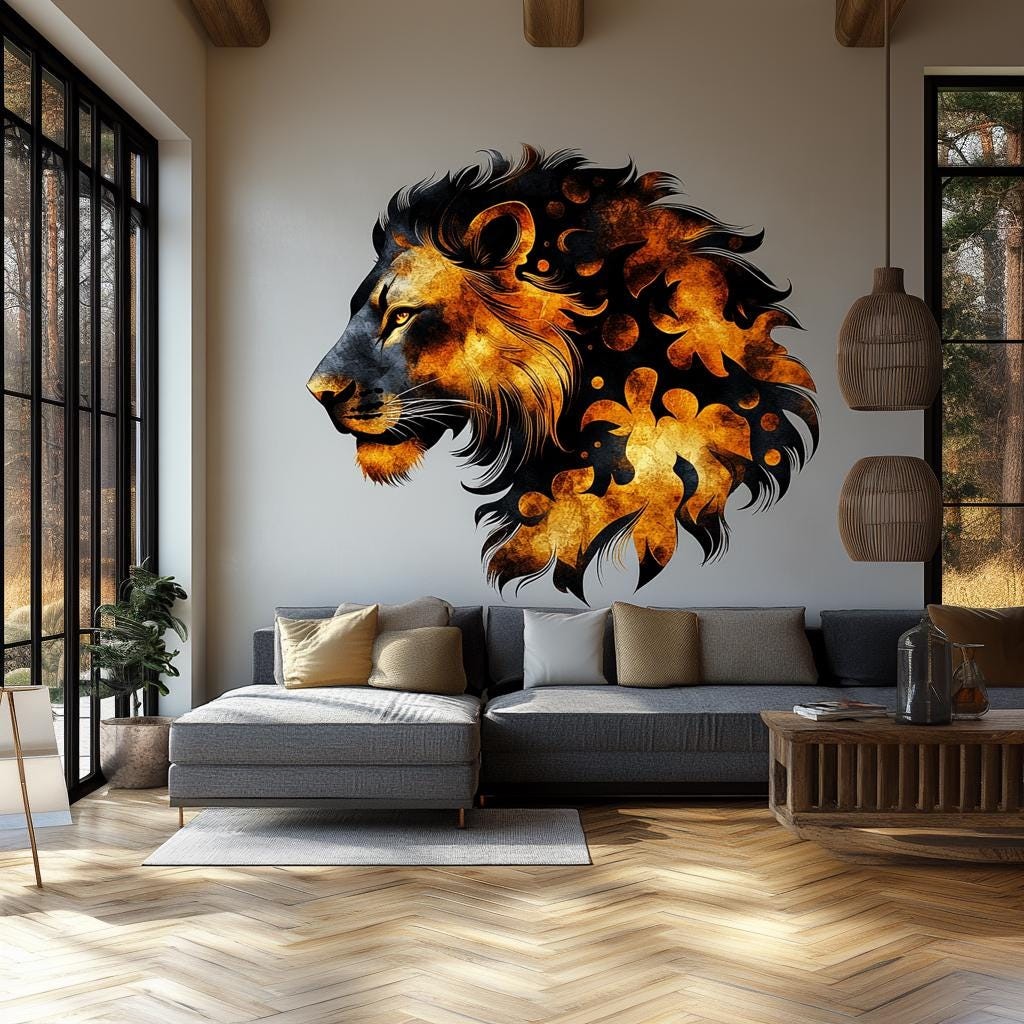 Abstract Lion Wall Decal | Fiery 3D Lion Mural Art | Bold Safari Animal Wall