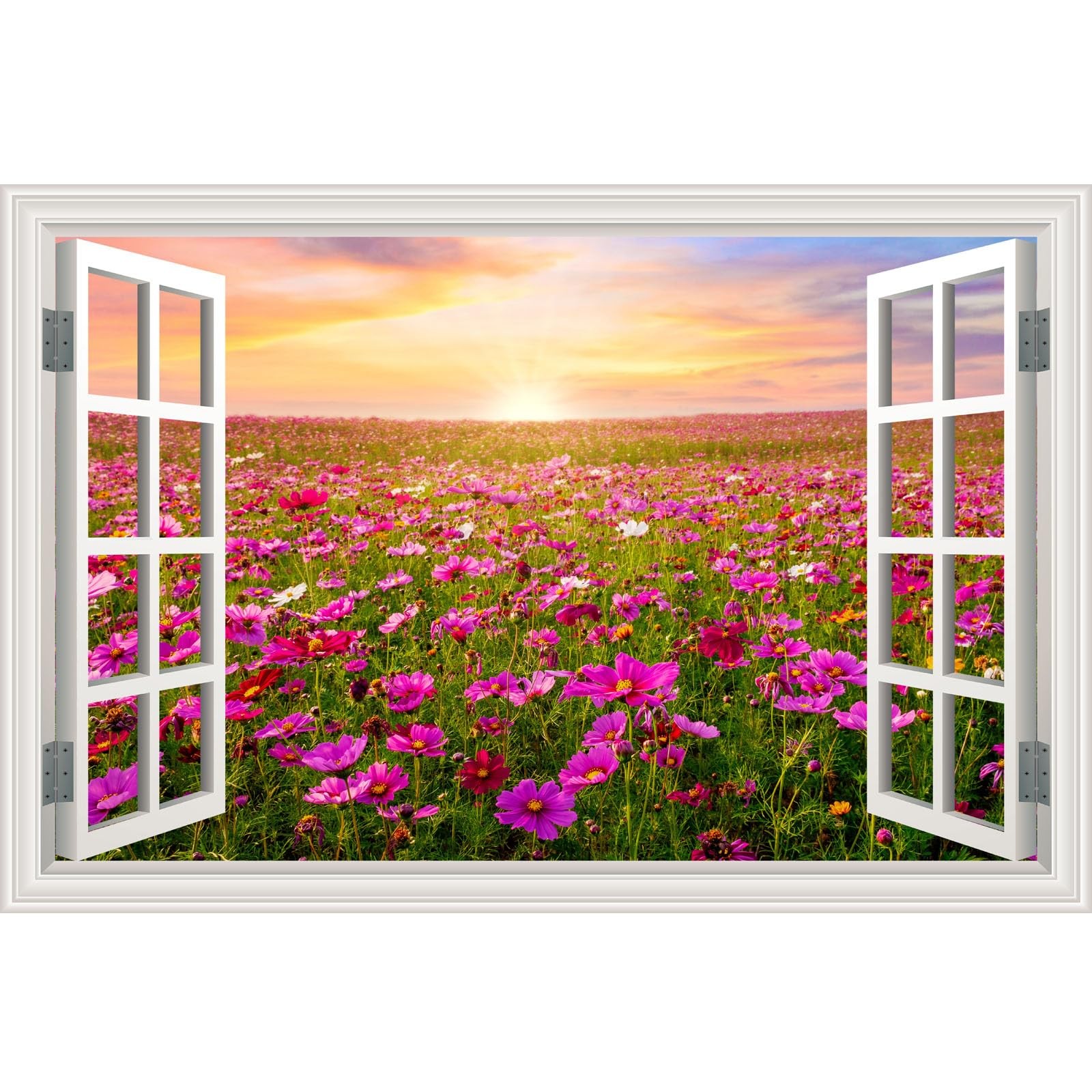 Fake Window Wall Sticker Sunset Pink Flower Garden Poster Picture Open Office…