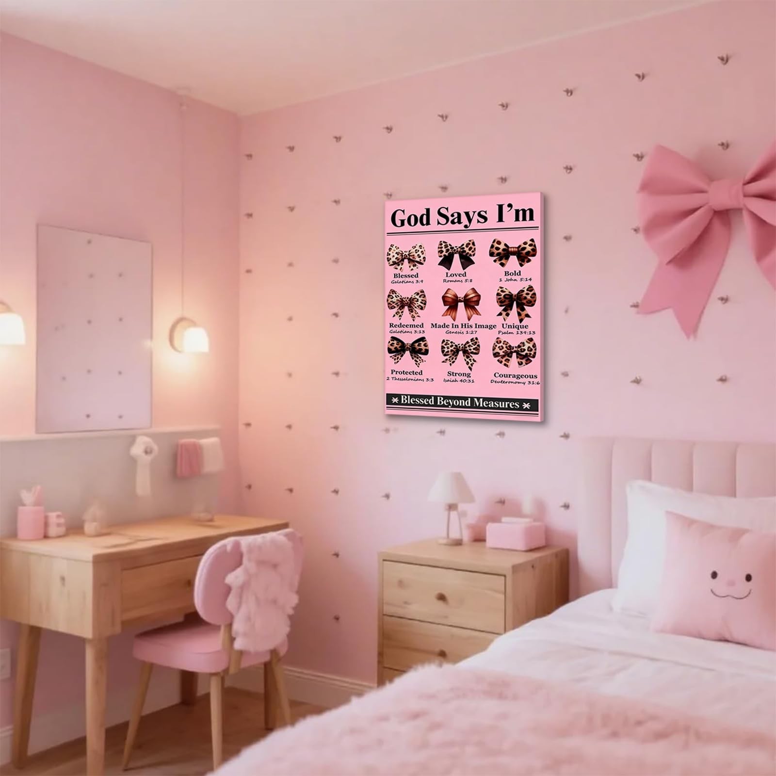 Pink Bow Wall Art Trendy Leopard Wall Decor Christian Bible Preppy Poster Pri…