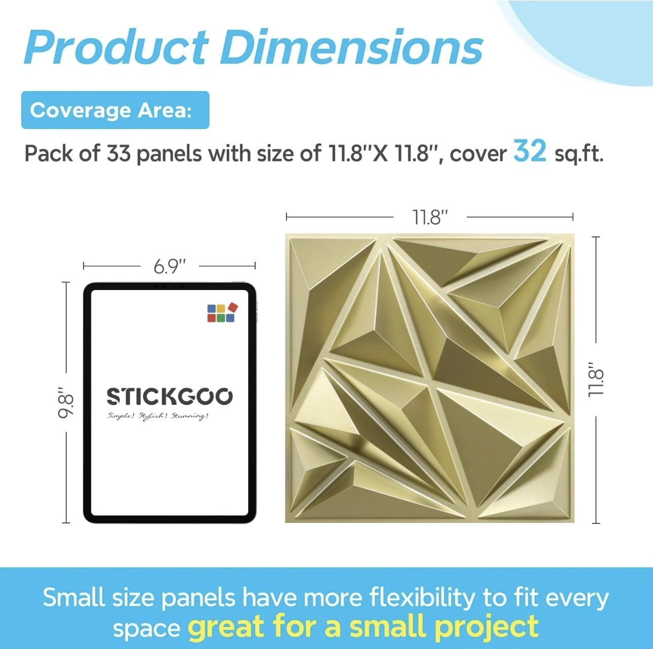 Champaign Gold 3D Diamond Wall Panels – 33 Pack, 12"x12" Decor