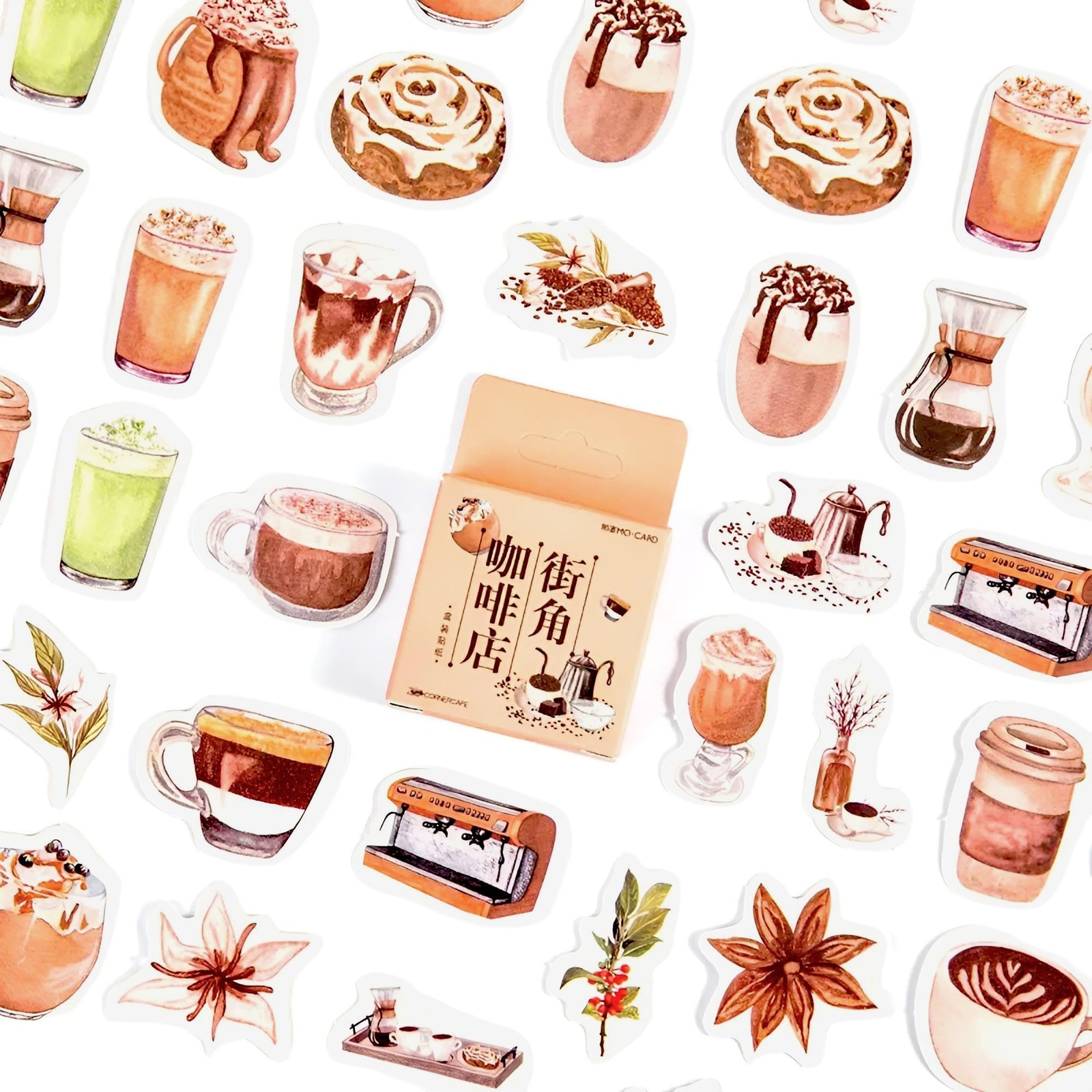 Small Size Coffee Stickers, 46pcs Boxed DIY Decoration Theme Beige