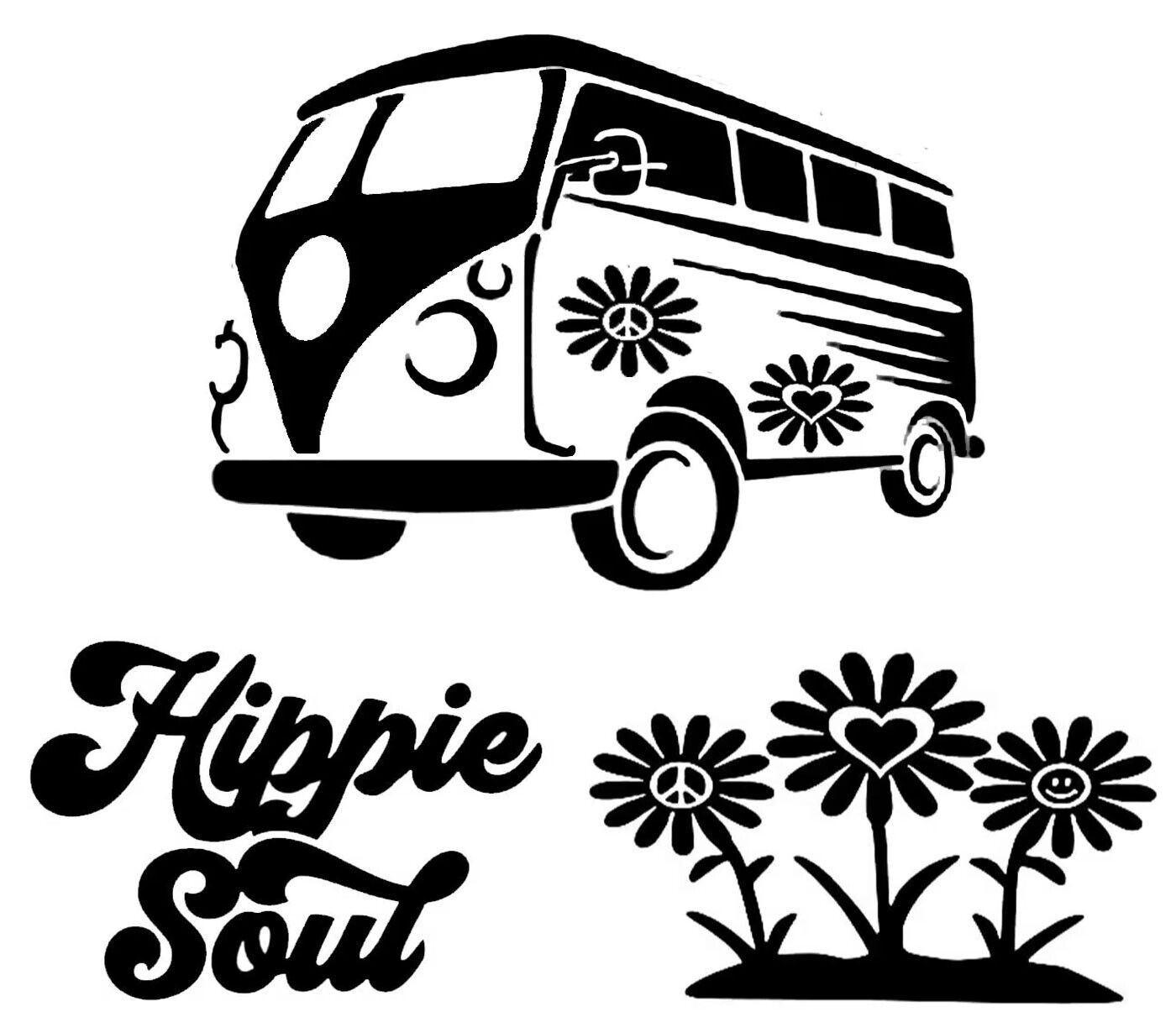 Hippie Van Peace Love Soul Daisy 3 Pk 5" Black Vinyl Decals Car Truck Windows
