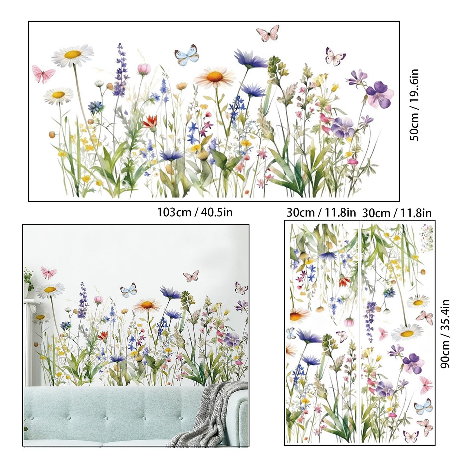 Wildflower Grass Daisy Wall Decals, Garden Floral Butterflies Flower Wall Sti…