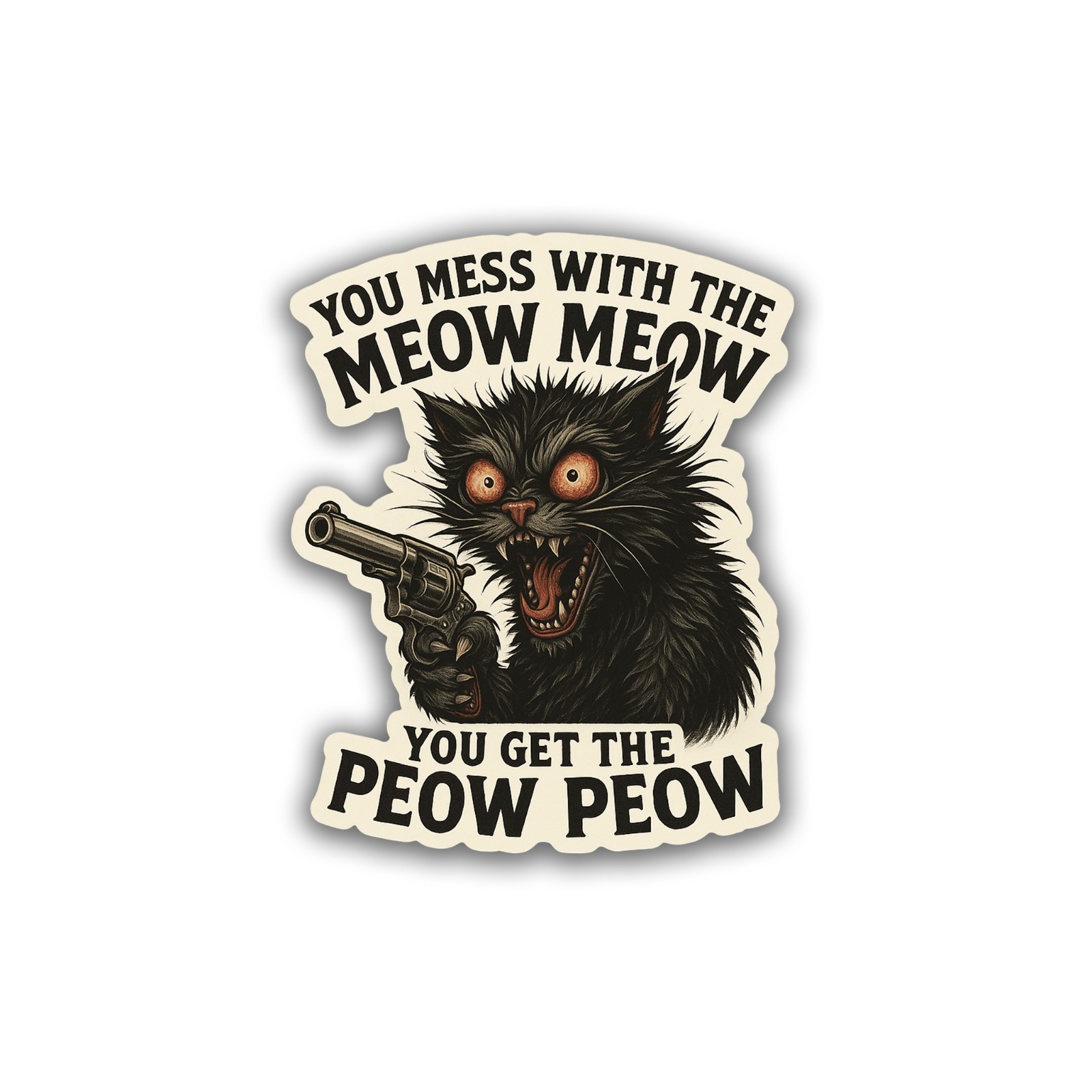 Meow Peow Sticker 3.5 Inch Vinyl Decal Crazy Gun Cat Funny Meme Adorable Feline